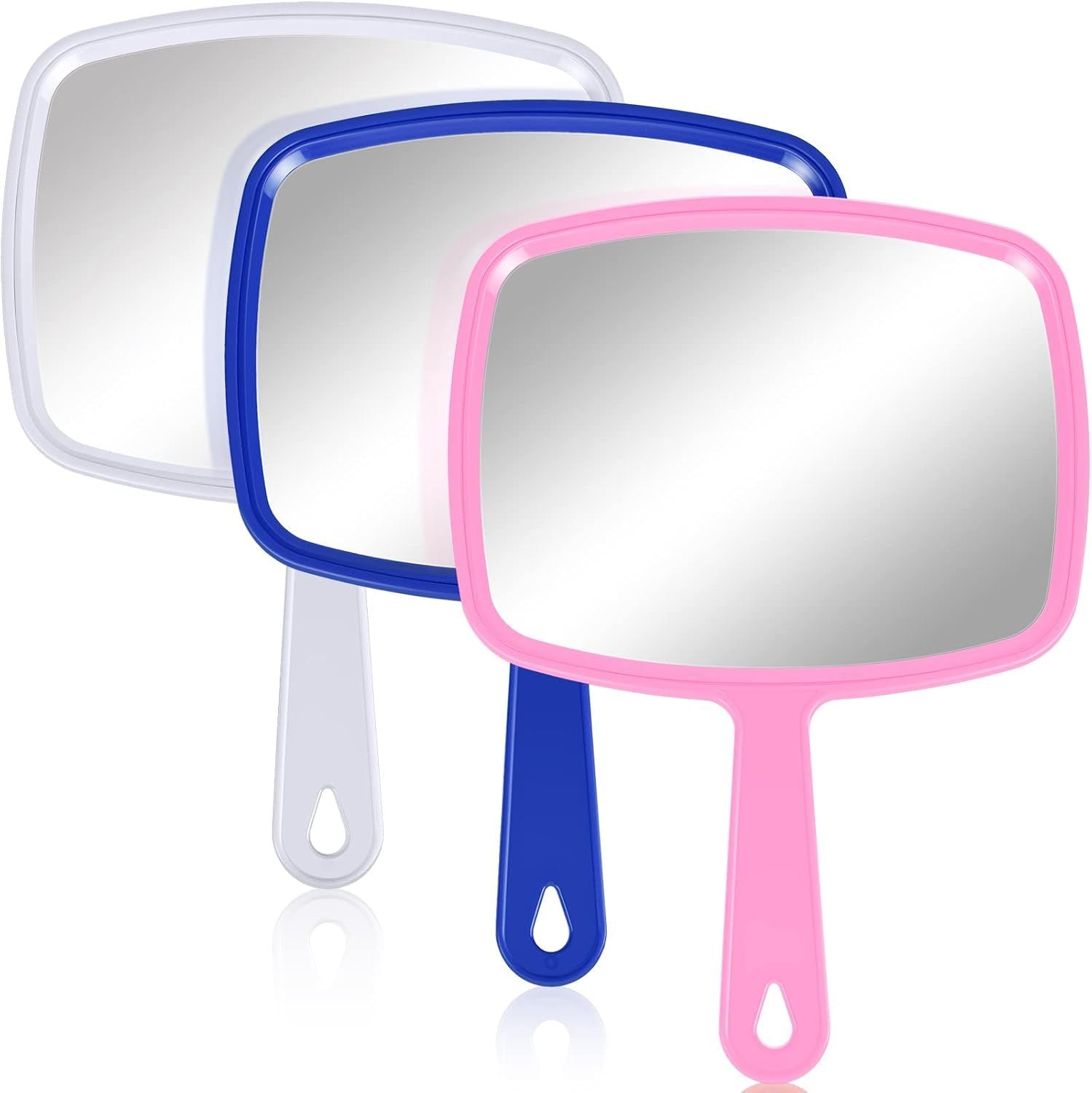 3 Pcs Hand Handheld Mirrors with Handle Bulk, Small Portable Salon Barber Hairdressing Vanity Cosmetic Mirror or Travel, Home, Square 9.17 x 6.53 Inch,Blue, White, Pink