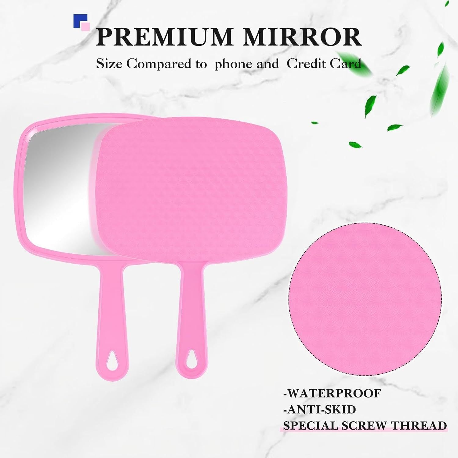 3 Pcs Hand Handheld Mirrors with Handle Bulk, Small Portable Salon Barber Hairdressing Vanity Cosmetic Mirror or Travel, Home, Square 9.17 x 6.53 Inch,Blue, White, Pink