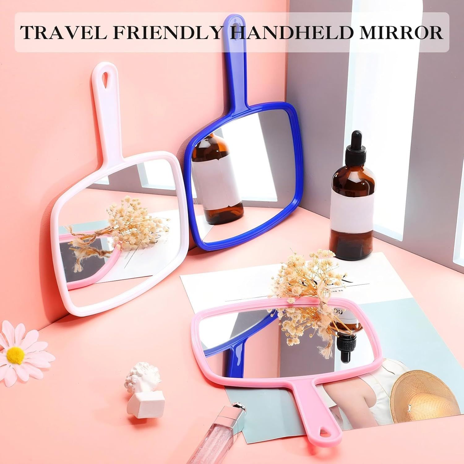 3 Pcs Hand Handheld Mirrors with Handle Bulk, Small Portable Salon Barber Hairdressing Vanity Cosmetic Mirror or Travel, Home, Square 9.17 x 6.53 Inch,Blue, White, Pink