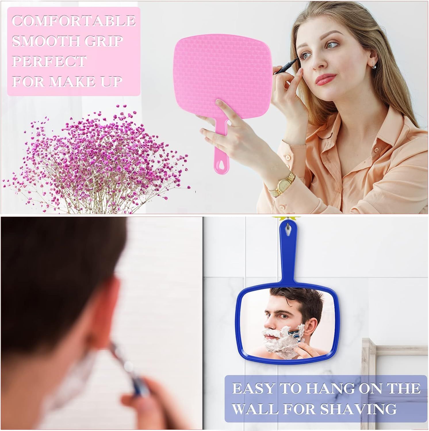 3 Pcs Hand Handheld Mirrors with Handle Bulk, Small Portable Salon Barber Hairdressing Vanity Cosmetic Mirror or Travel, Home, Square 9.17 x 6.53 Inch,Blue, White, Pink