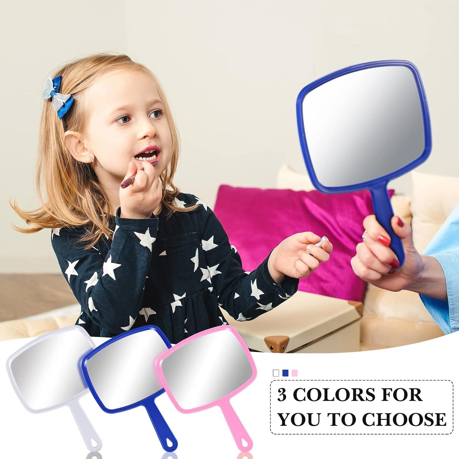 3 Pcs Hand Handheld Mirrors with Handle Bulk, Small Portable Salon Barber Hairdressing Vanity Cosmetic Mirror or Travel, Home, Square 9.17 x 6.53 Inch,Blue, White, Pink