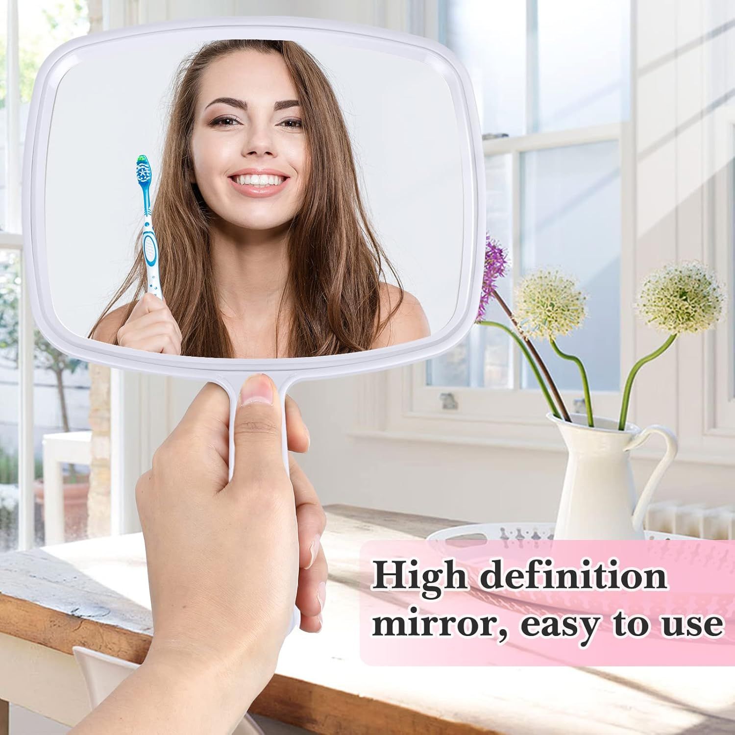 3 Pcs Hand Handheld Mirrors with Handle Bulk, Small Portable Salon Barber Hairdressing Vanity Cosmetic Mirror or Travel, Home, Square 9.17 x 6.53 Inch,Blue, White, Pink