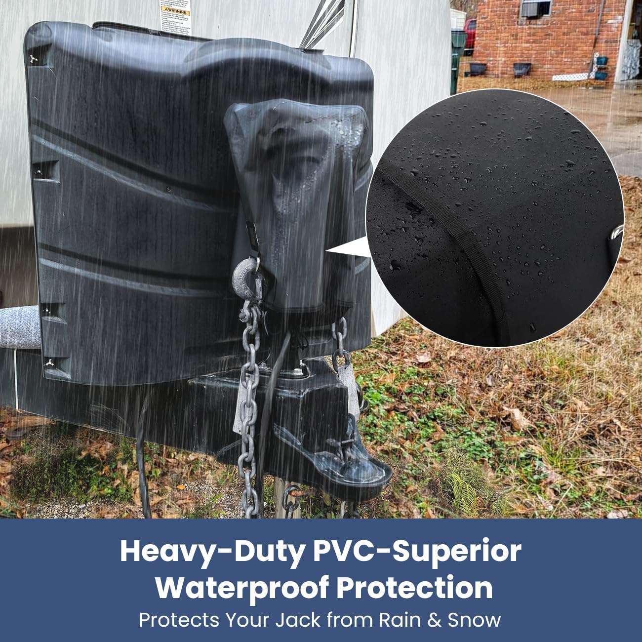 RV Electric Tongue Jack Cover – Heavy-Duty Waterproof Design with Chain Hooks, Protective Black Cover for Outdoor Camper Accessories
