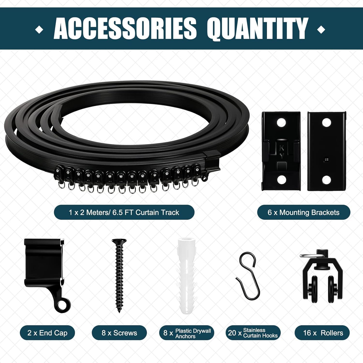 6.5 eet/ 2 Meters lexible Bendable Ceiling Curtain Track, Mount or Rail with Curtain Tracks System Bunk Bed Window, Room Divider, Door, Shower, Rv Black