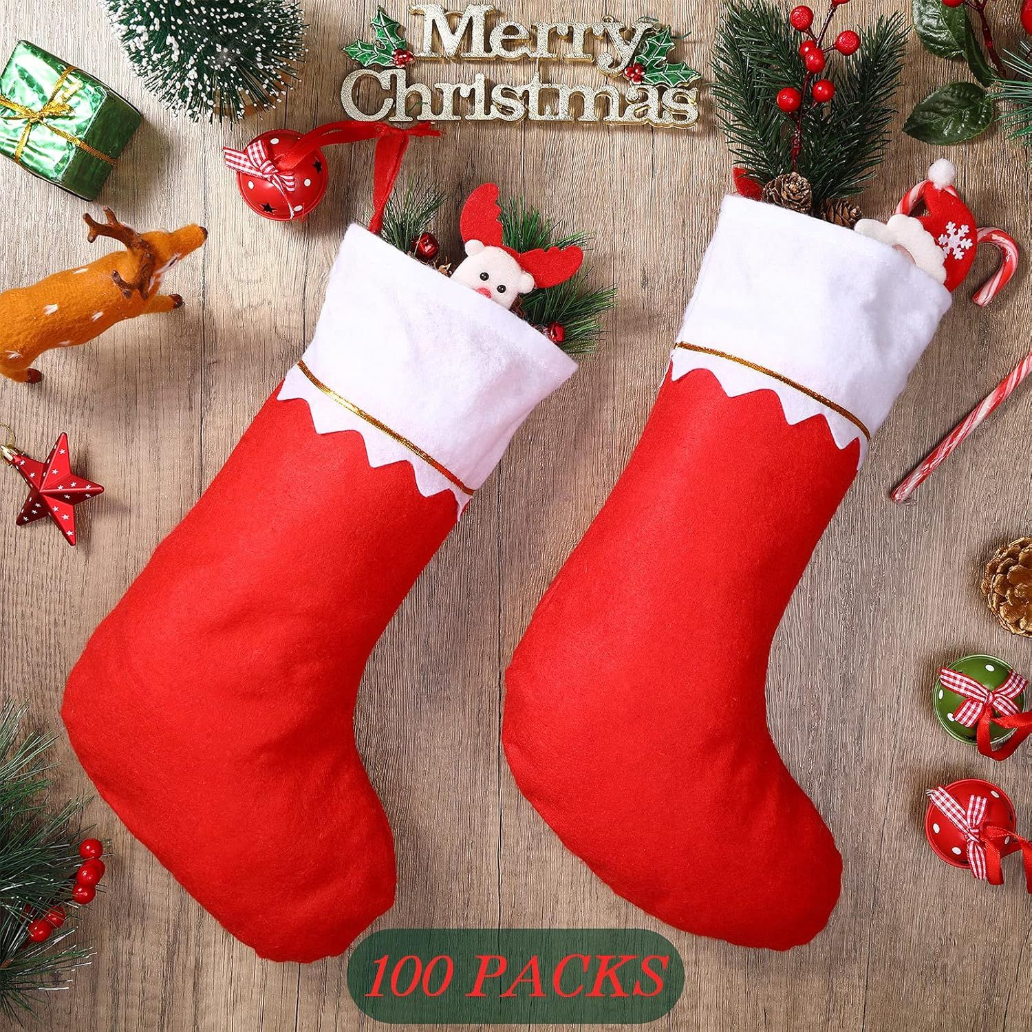 100 Pieces elt Christmas Stockings 15 Inch Party avors Stockings Xmas Decoration Stocking Rustic Santa Stocking or Christmas Red with White Trim