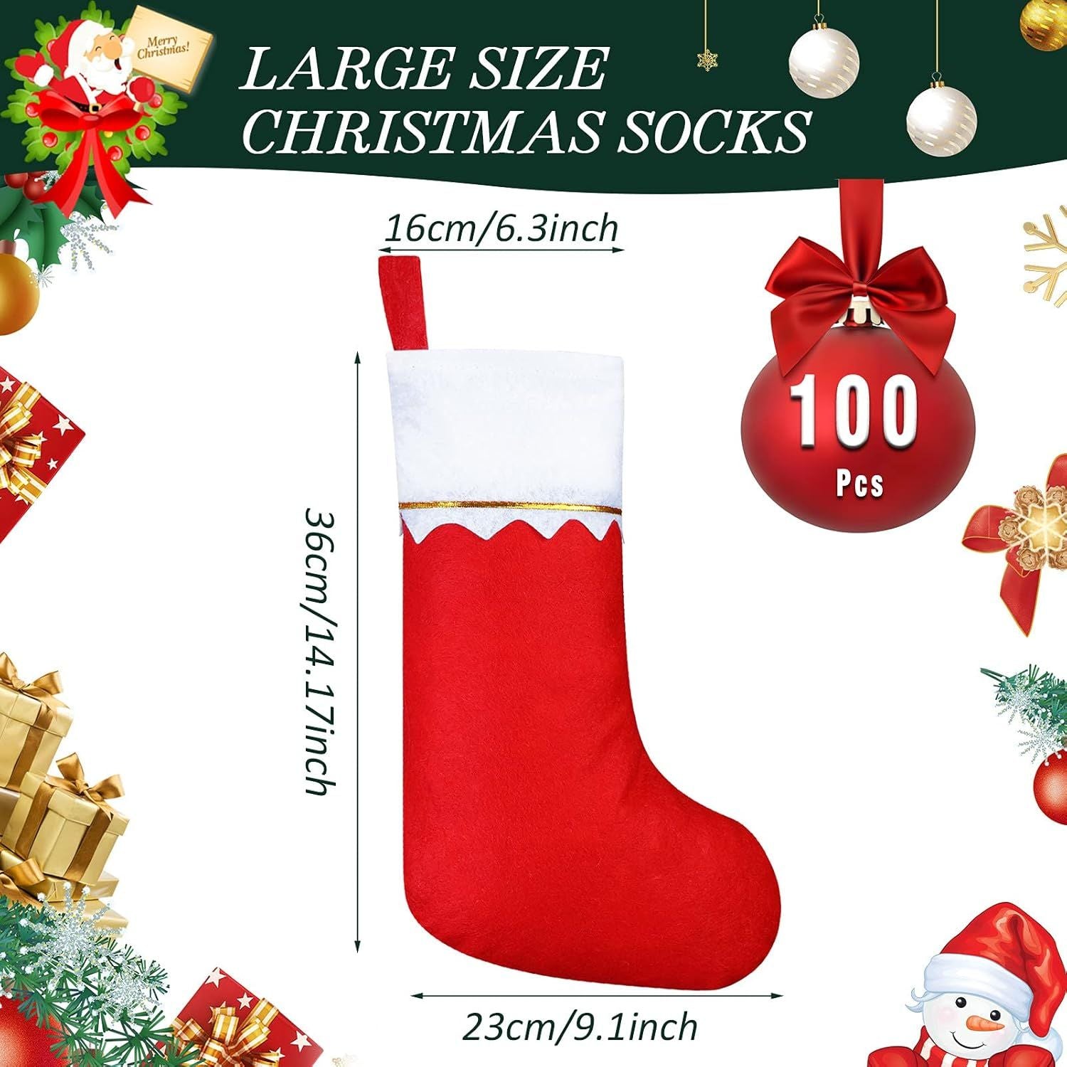 100 Pieces elt Christmas Stockings 15 Inch Party avors Stockings Xmas Decoration Stocking Rustic Santa Stocking or Christmas Red with White Trim