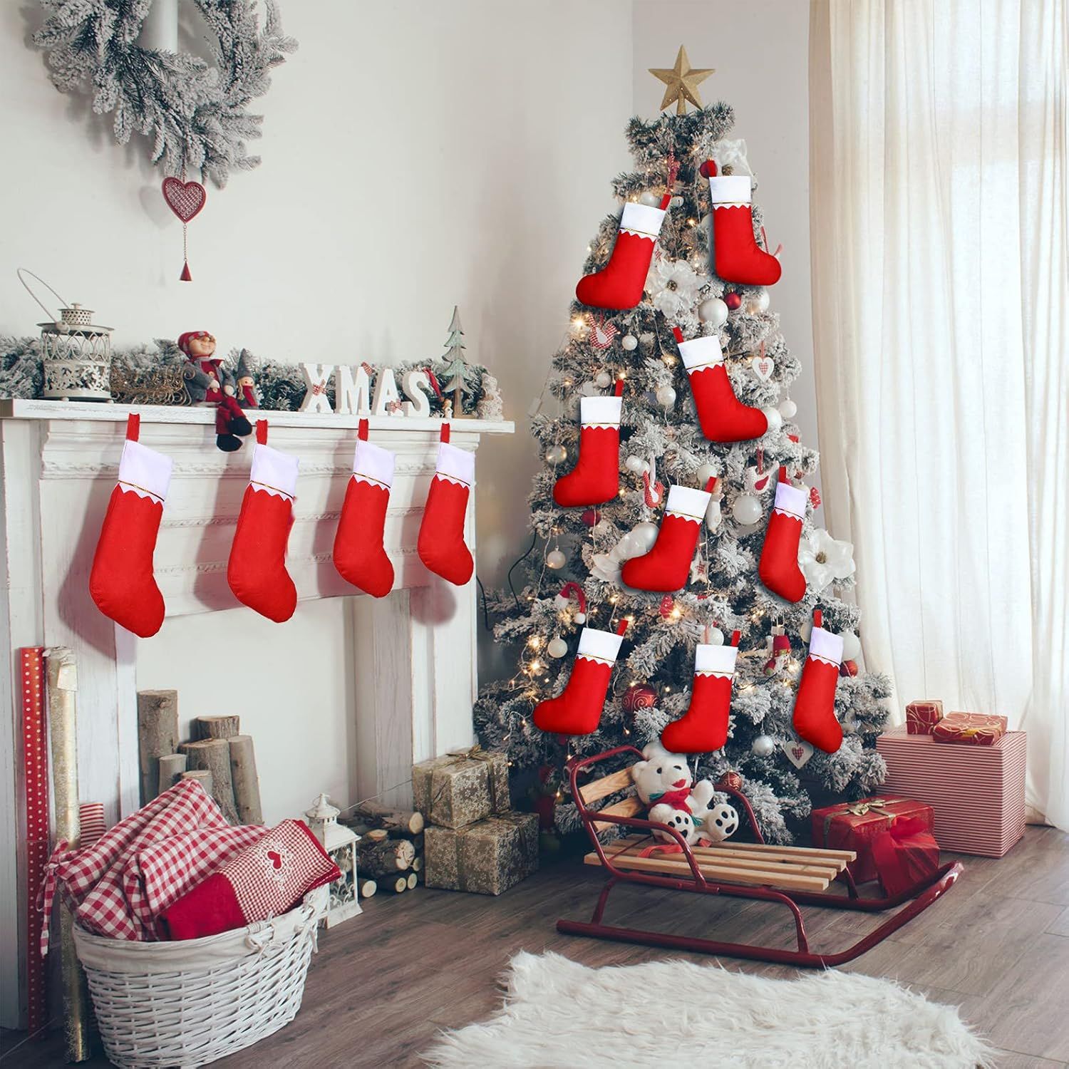 100 Pieces elt Christmas Stockings 15 Inch Party avors Stockings Xmas Decoration Stocking Rustic Santa Stocking or Christmas Red with White Trim