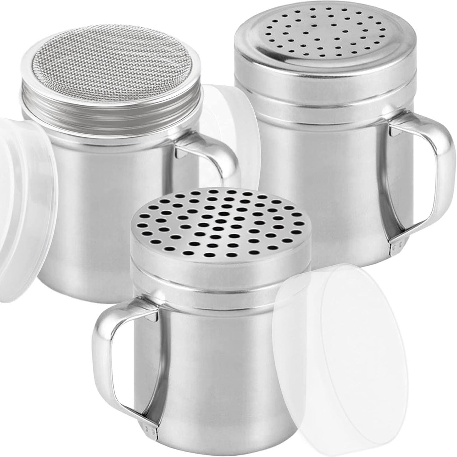 Set o 3 10oz Stainless Steel Dredges With Handle - ine Mesh + Medium Holes + Large Holes or Coarse Seasonings