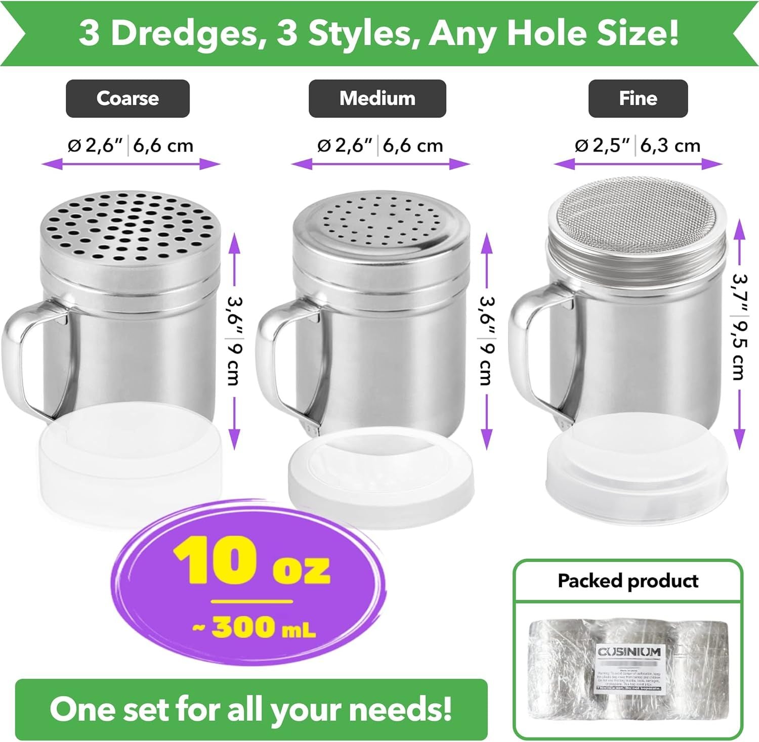 Set o 3 10oz Stainless Steel Dredges With Handle - ine Mesh + Medium Holes + Large Holes or Coarse Seasonings
