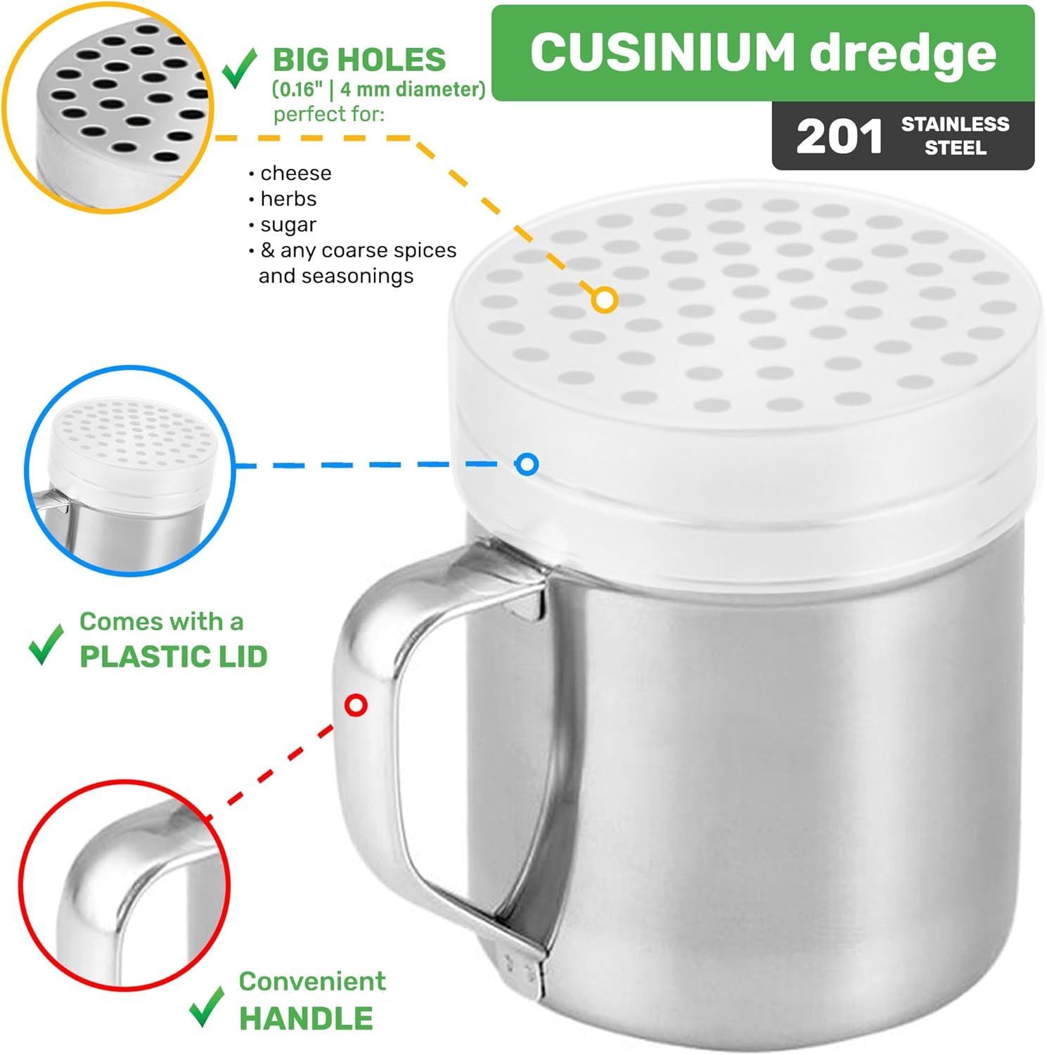Set o 3 10oz Stainless Steel Dredges With Handle - ine Mesh + Medium Holes + Large Holes or Coarse Seasonings