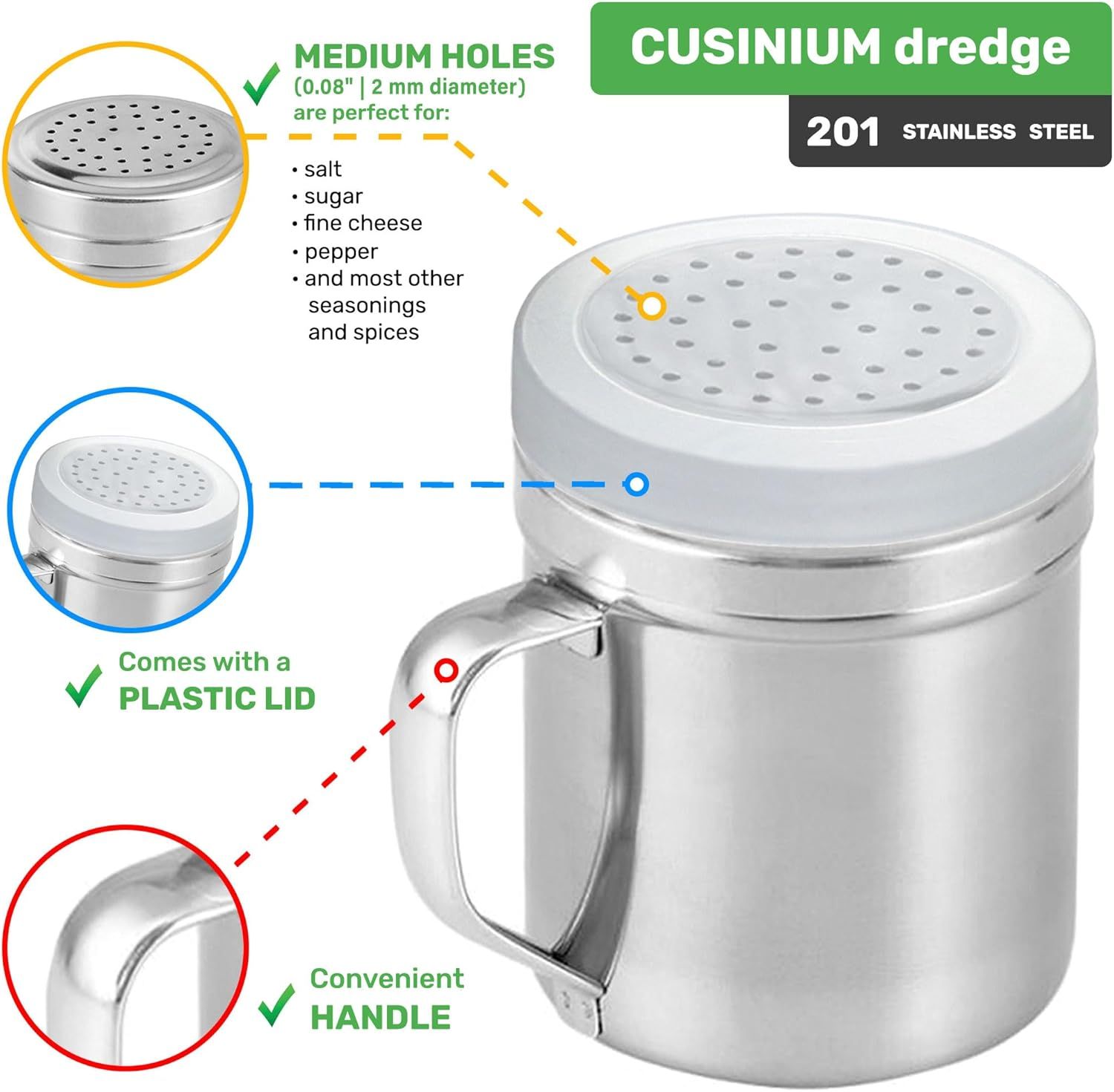 Set o 3 10oz Stainless Steel Dredges With Handle - ine Mesh + Medium Holes + Large Holes or Coarse Seasonings