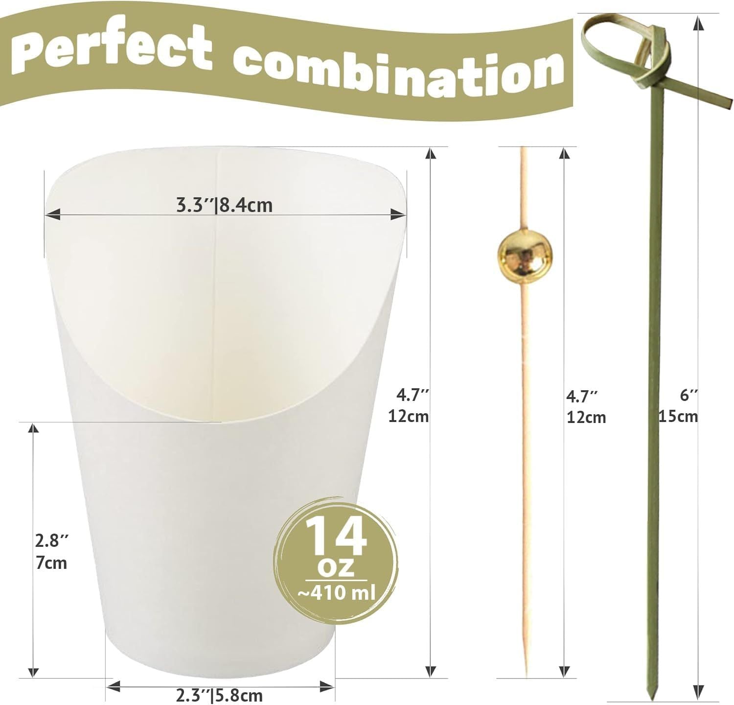 50pk 14oz White Charcuterie Cups with 200 Sticks 2 Types - Wide Enlarged Top Cutout or Better Display - White Paper Charcuterie Board Cups Set