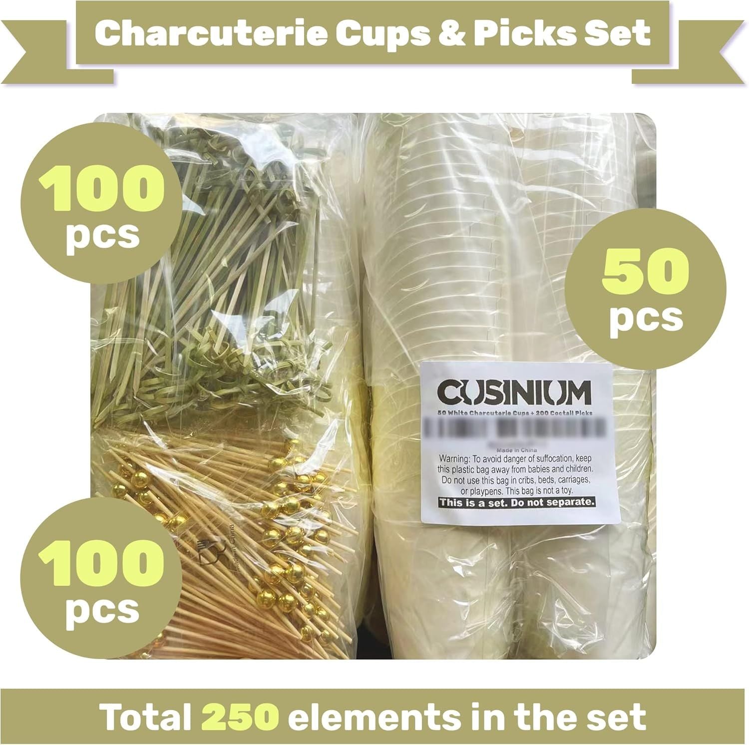 50pk 14oz White Charcuterie Cups with 200 Sticks 2 Types - Wide Enlarged Top Cutout or Better Display - White Paper Charcuterie Board Cups Set