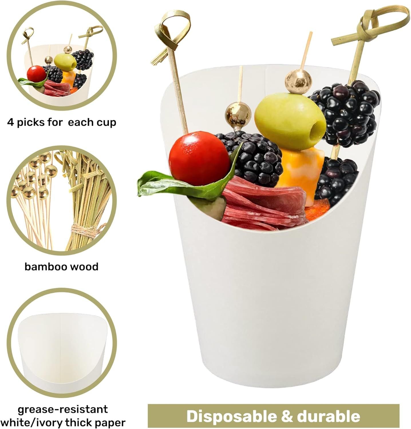 50pk 14oz White Charcuterie Cups with 200 Sticks 2 Types - Wide Enlarged Top Cutout or Better Display - White Paper Charcuterie Board Cups Set