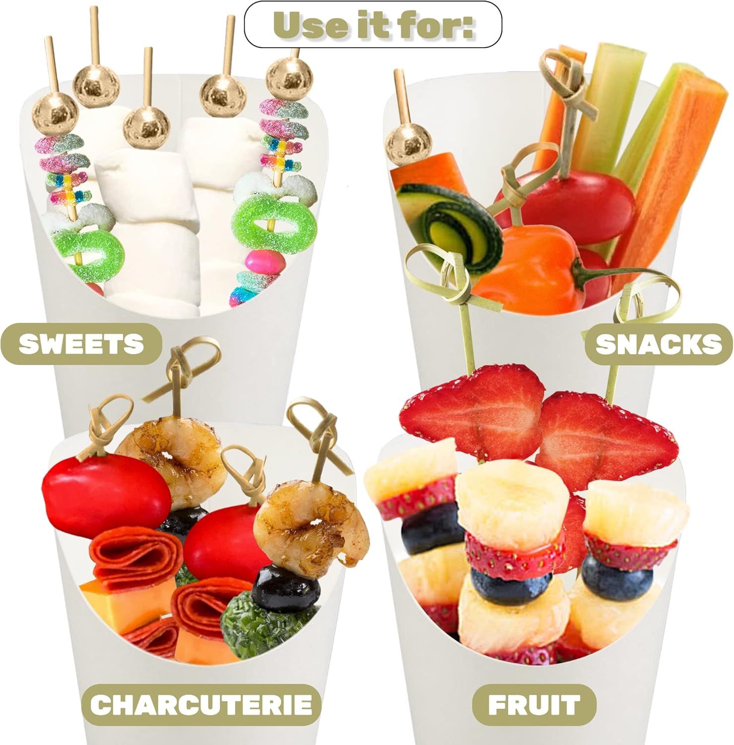 50pk 14oz White Charcuterie Cups with 200 Sticks 2 Types - Wide Enlarged Top Cutout or Better Display - White Paper Charcuterie Board Cups Set
