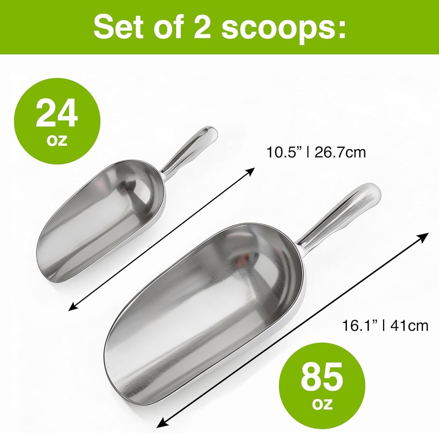 Set o 2 24oz + 85oz Metal Scoops or Ice Machine - Large Aluminum Ice Scoop Bundle - Hand Wash Only