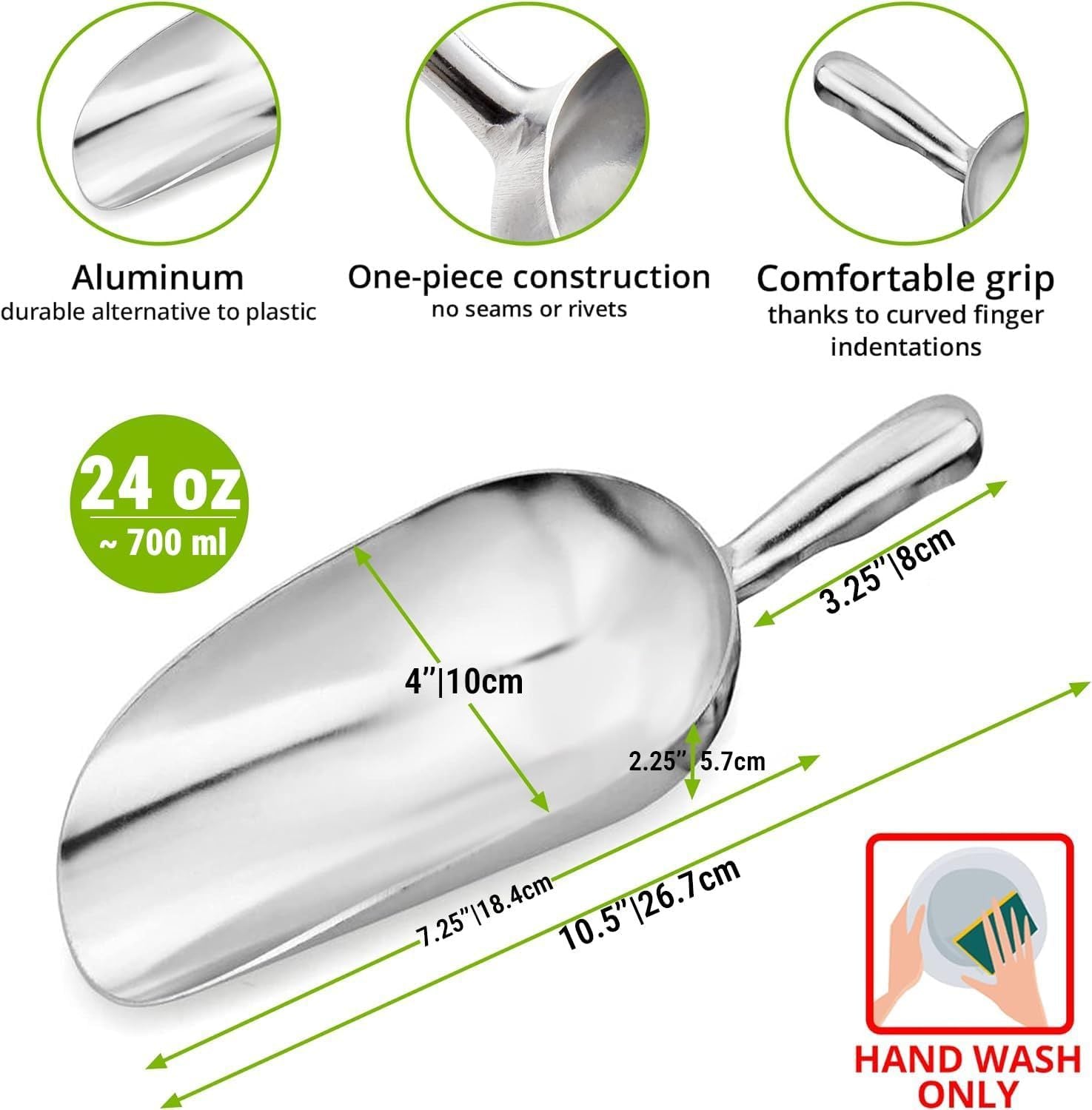 Set o 2 24oz + 85oz Metal Scoops or Ice Machine - Large Aluminum Ice Scoop Bundle - Hand Wash Only