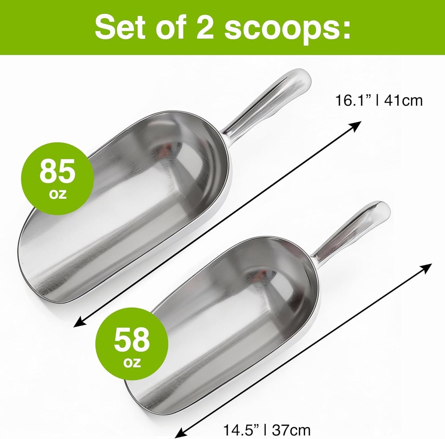 2-Pack 58oz + 85oz Metal Scoops or Ice Machine - Large Aluminum Ice Scoop Set - Hand Wash Only