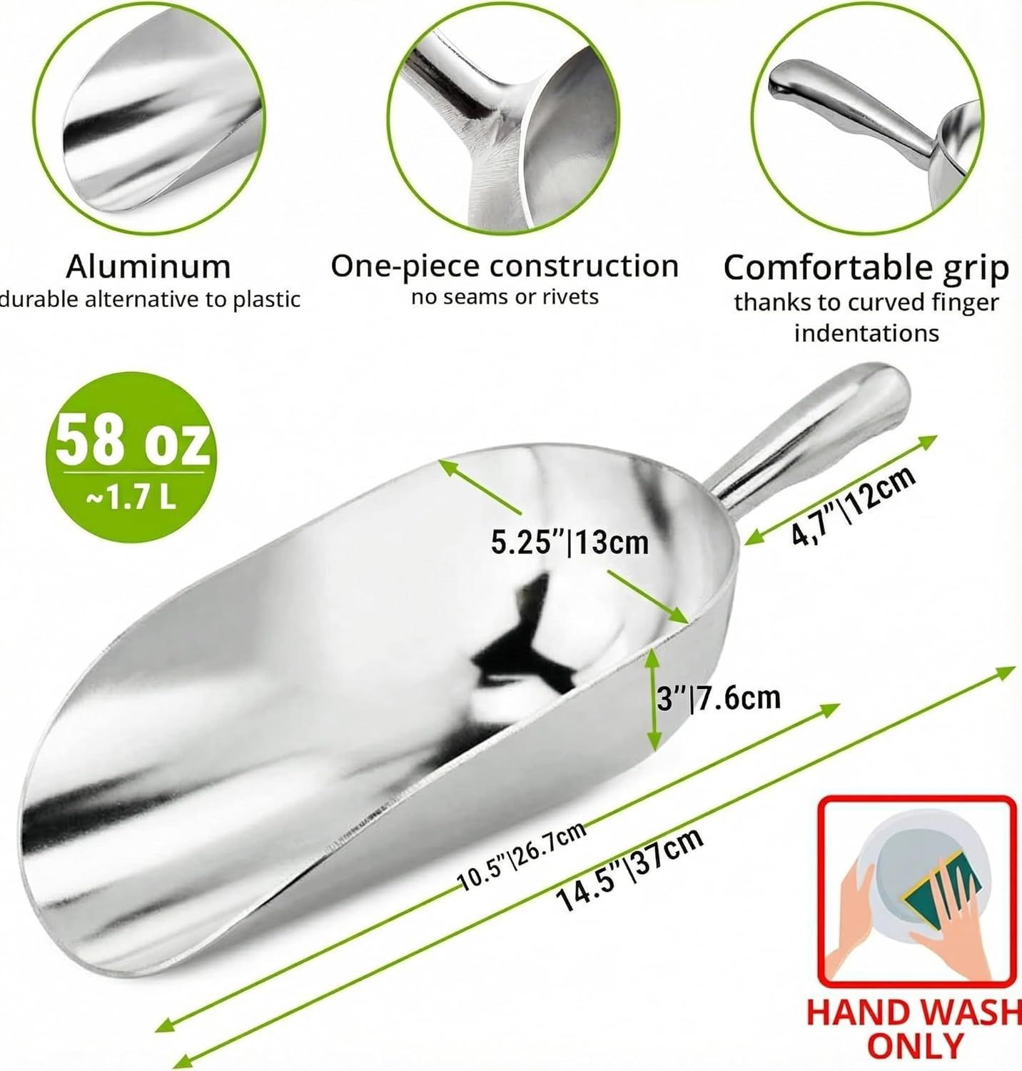 2-Pack 58oz + 85oz Metal Scoops or Ice Machine - Large Aluminum Ice Scoop Set - Hand Wash Only