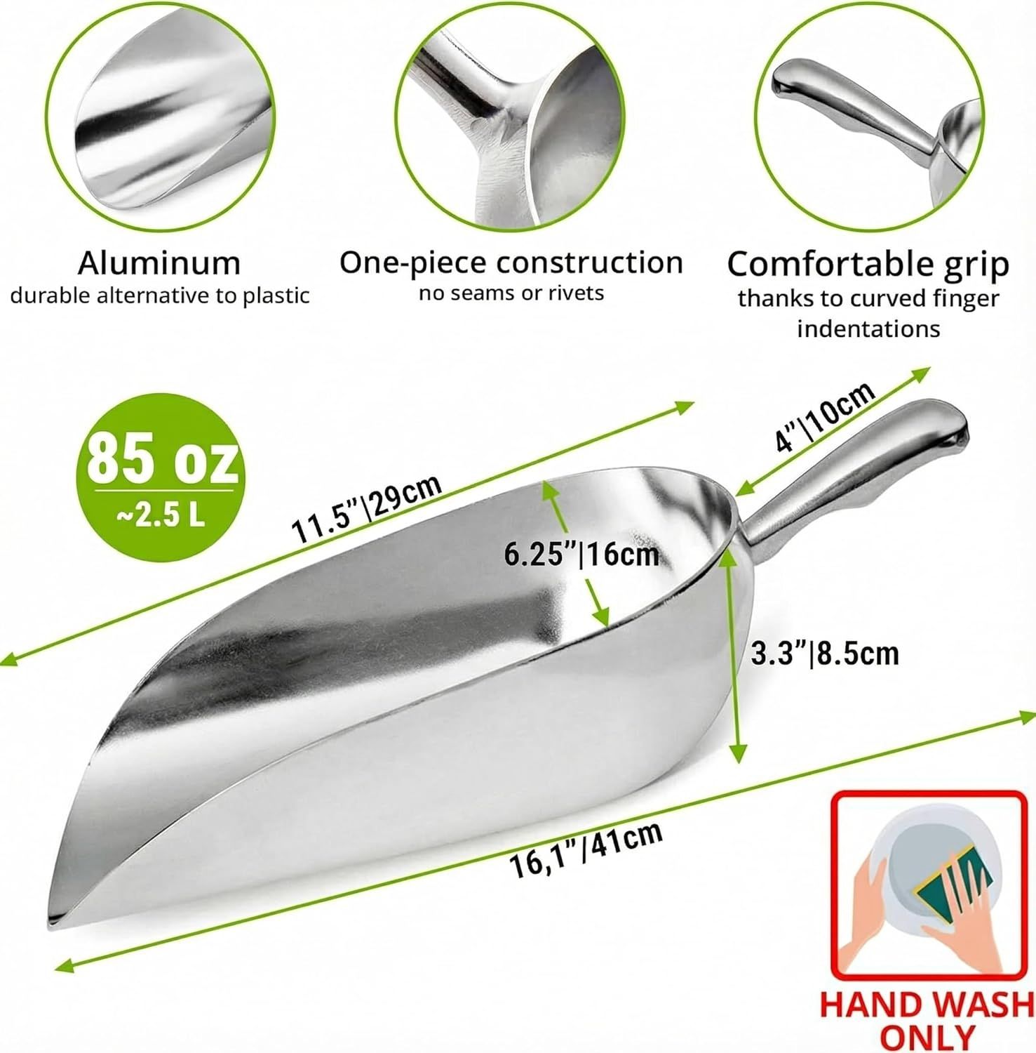 2-Pack 58oz + 85oz Metal Scoops or Ice Machine - Large Aluminum Ice Scoop Set - Hand Wash Only