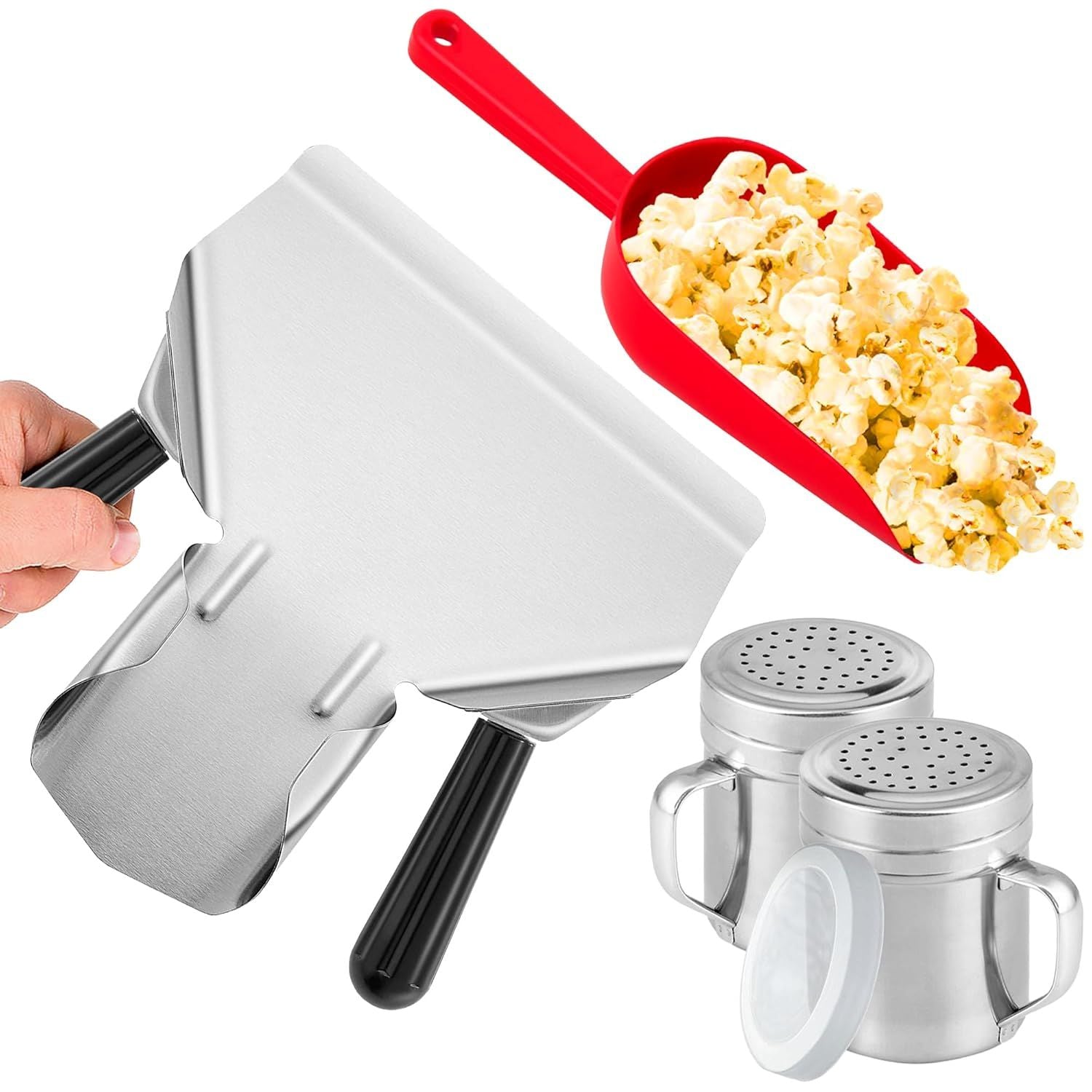 Double Handle Concession Popcorn Scoop + 16 oz Red Popcorn Plastic Scoop + 2-pcs 10 oz Dredge Shakers Bundle