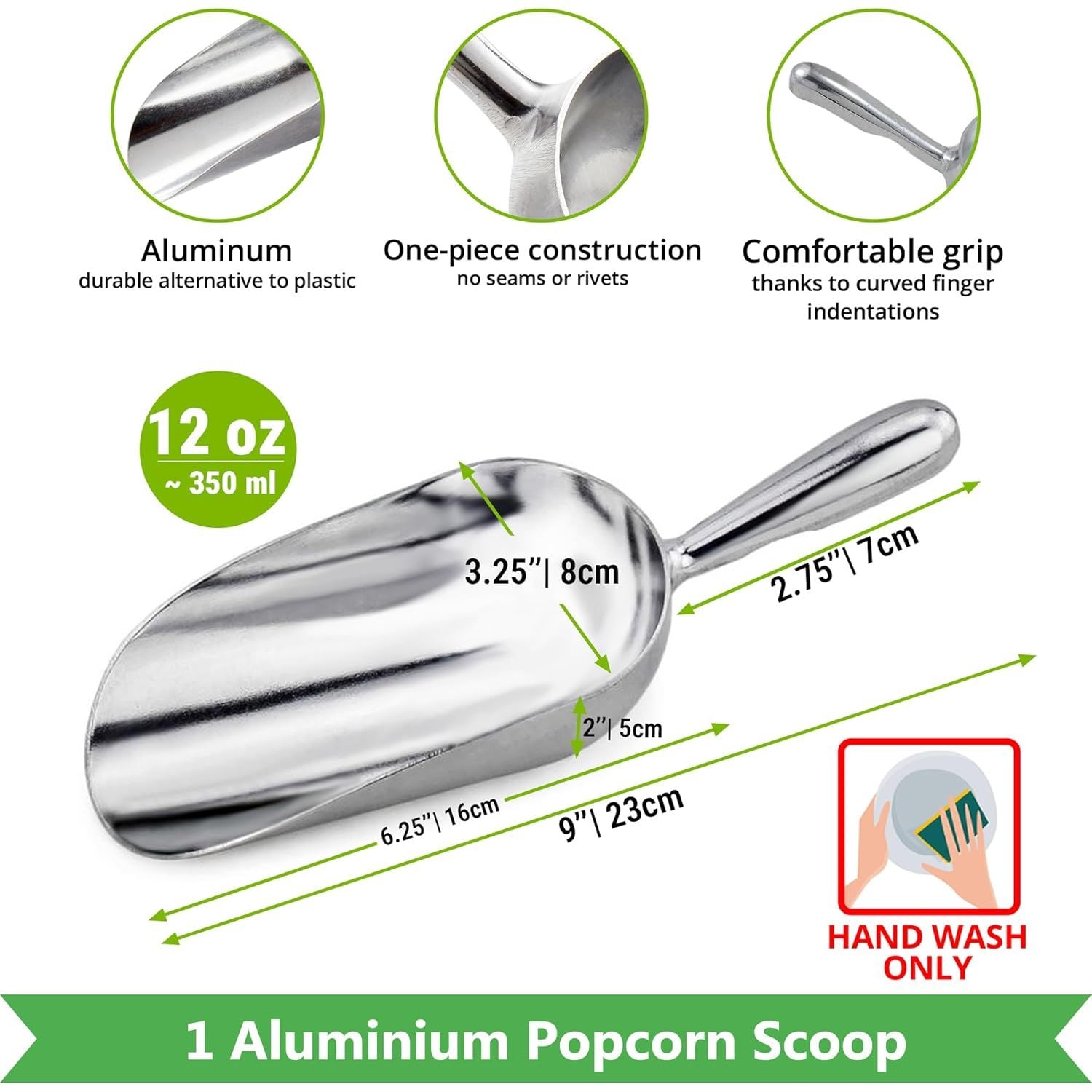 Double Handle Concession Popcorn Scoop + 12 oz Aluminium Popcorn Scoop + 2-pcs 10 oz Dredge Shakers Bundle