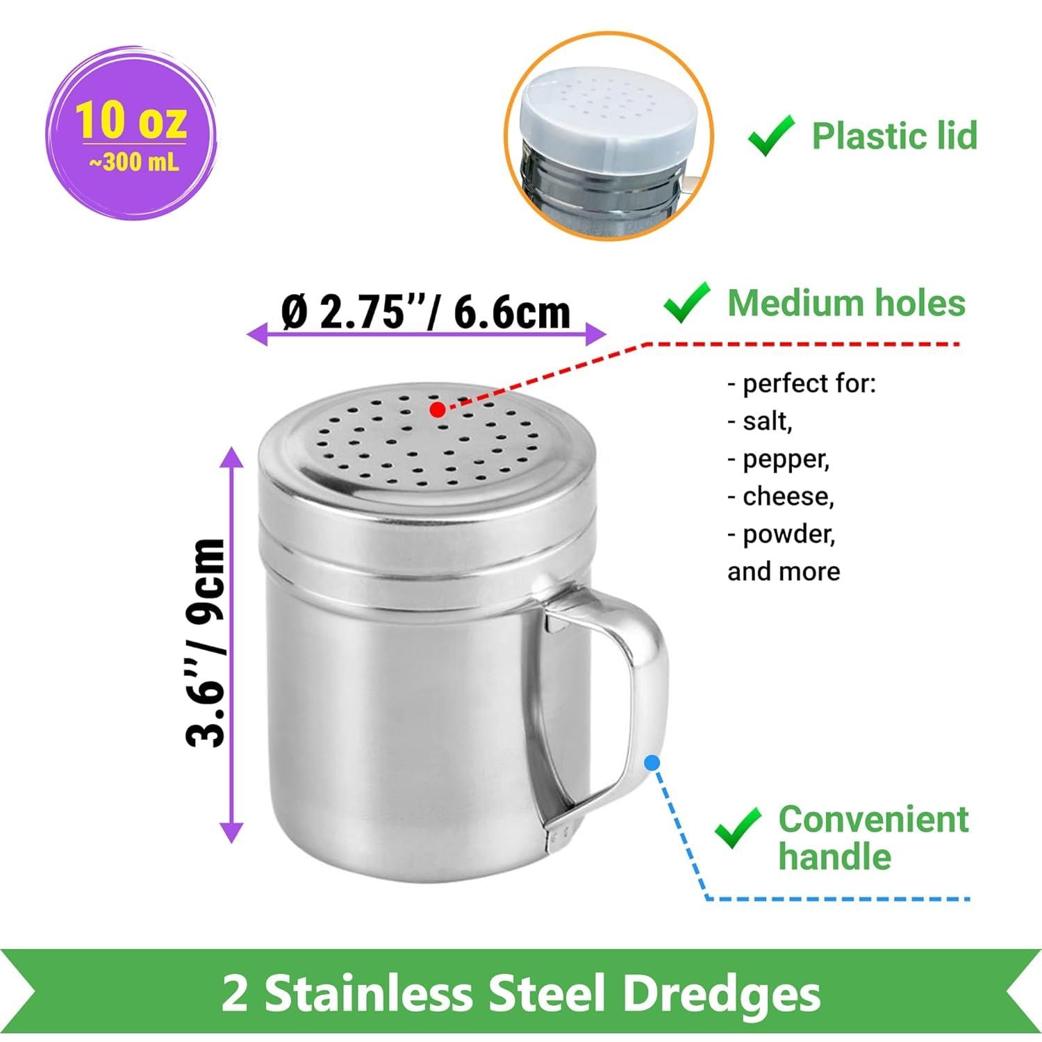 Double Handle Concession Popcorn Scoop + 12 oz Aluminium Popcorn Scoop + 2-pcs 10 oz Dredge Shakers Bundle
