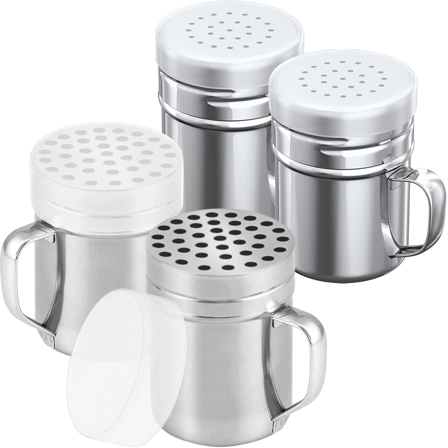 2-pcs 6 oz Metal Parmesan Cheese Shakers Large Holes + 2-pcs 6 oz Stainless Steel Salt Pepper Dredge Shakers - All with Plastic Caps and Handles Bundle