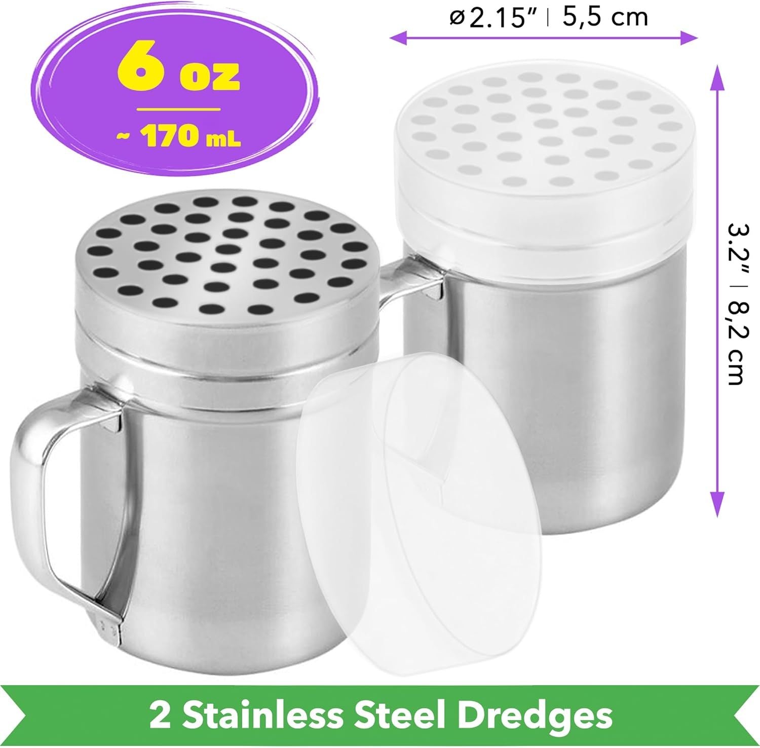 2-pcs 6 oz Metal Parmesan Cheese Shakers Large Holes + 2-pcs 6 oz Stainless Steel Salt Pepper Dredge Shakers - All with Plastic Caps and Handles Bundle