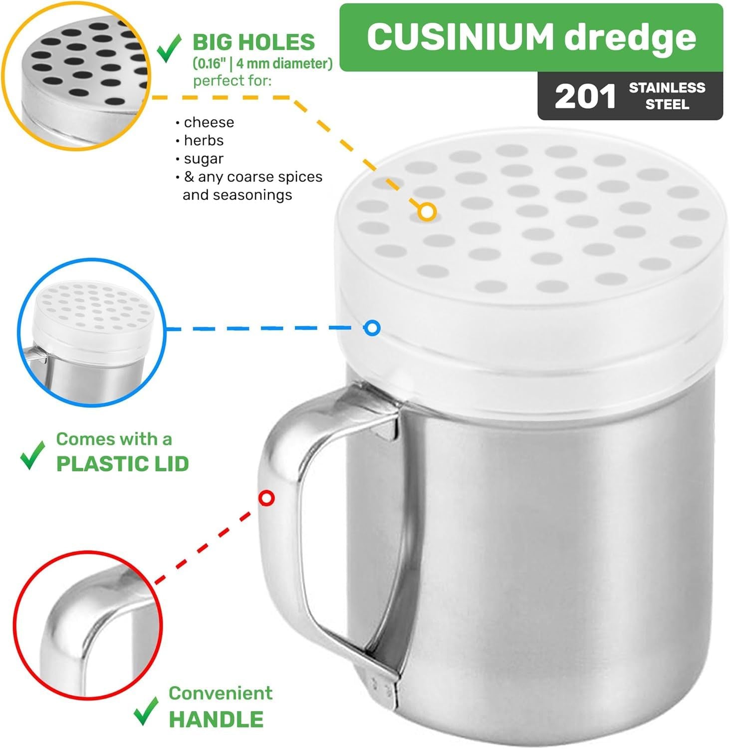2-pcs 6 oz Metal Parmesan Cheese Shakers Large Holes + 2-pcs 6 oz Stainless Steel Salt Pepper Dredge Shakers - All with Plastic Caps and Handles Bundle