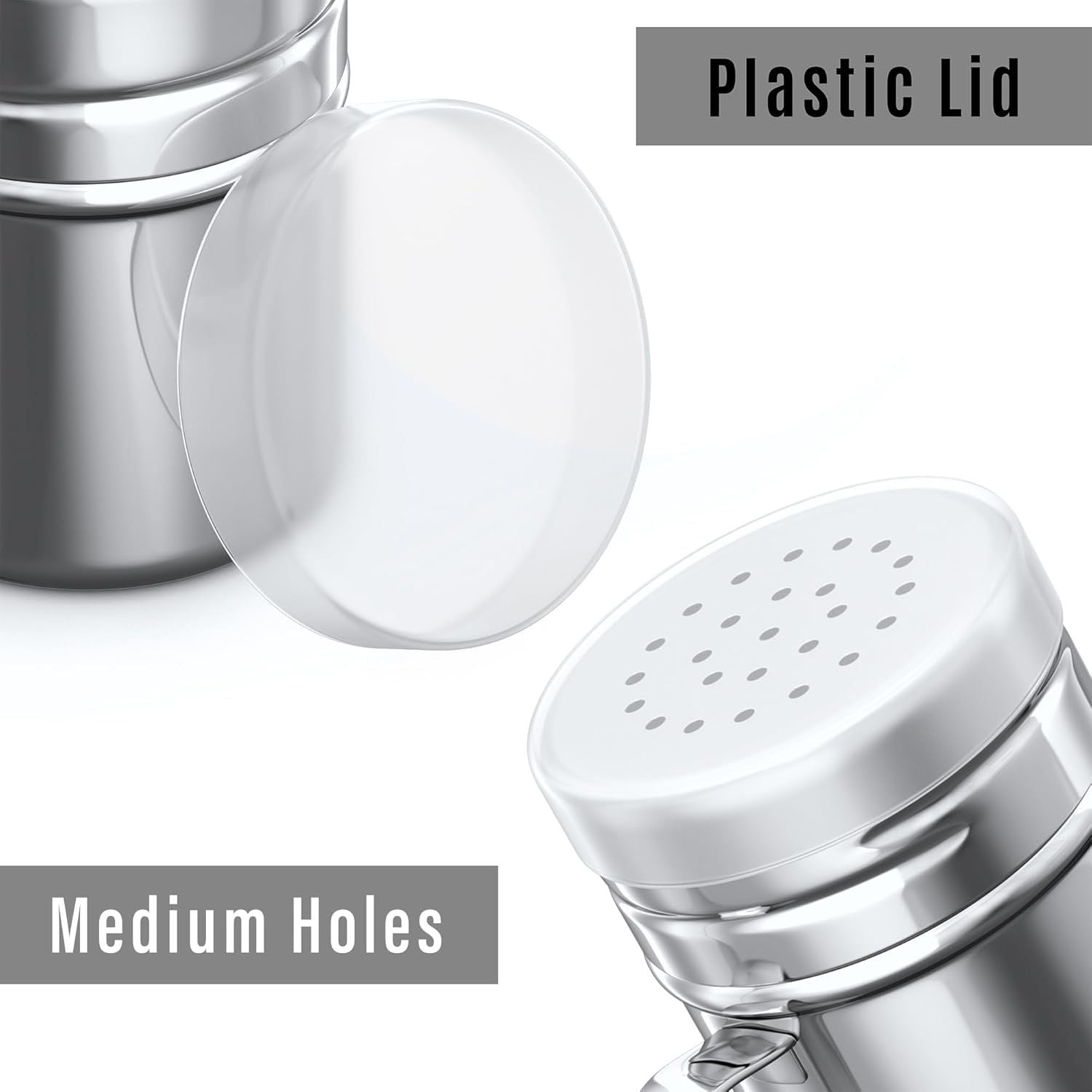 2-pcs 6 oz Metal Parmesan Cheese Shakers Large Holes + 2-pcs 6 oz Stainless Steel Salt Pepper Dredge Shakers - All with Plastic Caps and Handles Bundle
