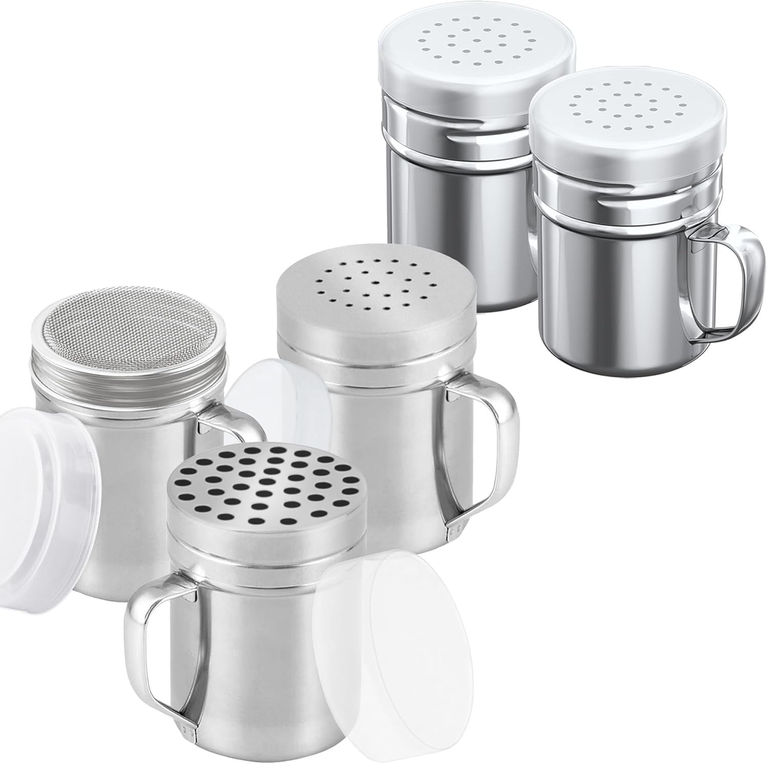 3-pcs 6 oz Stainless Steel Dredges ine Mesh + Medium Holes + Large Holes + 2-pcs 6 oz Stainless Steel Salt Pepper Dredge Shakers - All with Plastic Caps and Handles Bundle