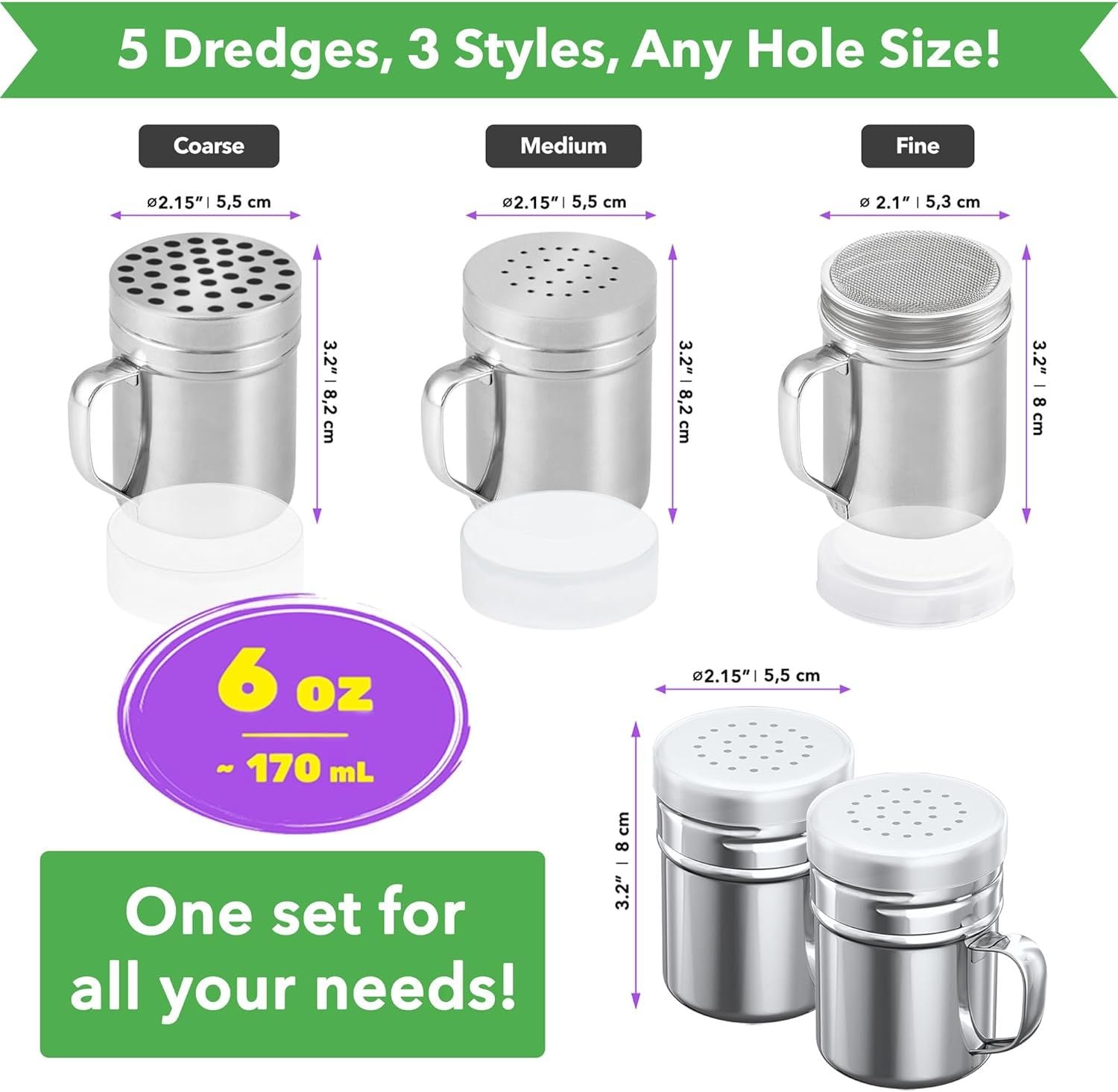3-pcs 6 oz Stainless Steel Dredges ine Mesh + Medium Holes + Large Holes + 2-pcs 6 oz Stainless Steel Salt Pepper Dredge Shakers - All with Plastic Caps and Handles Bundle