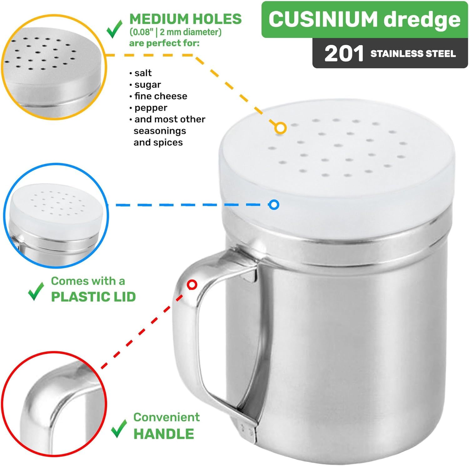 3-pcs 6 oz Stainless Steel Dredges ine Mesh + Medium Holes + Large Holes + 2-pcs 6 oz Stainless Steel Salt Pepper Dredge Shakers - All with Plastic Caps and Handles Bundle