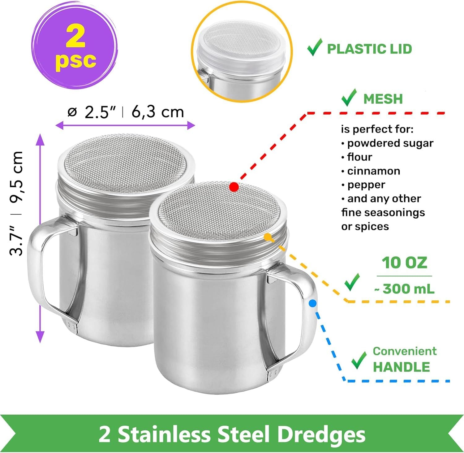 10oz, 10oz, 14oz Powdered Sugar Shakers + 2-pcs 10 oz Metal Parmesan Cheese Shakers Large Holes - All with Plastic Caps and Handles Bundle