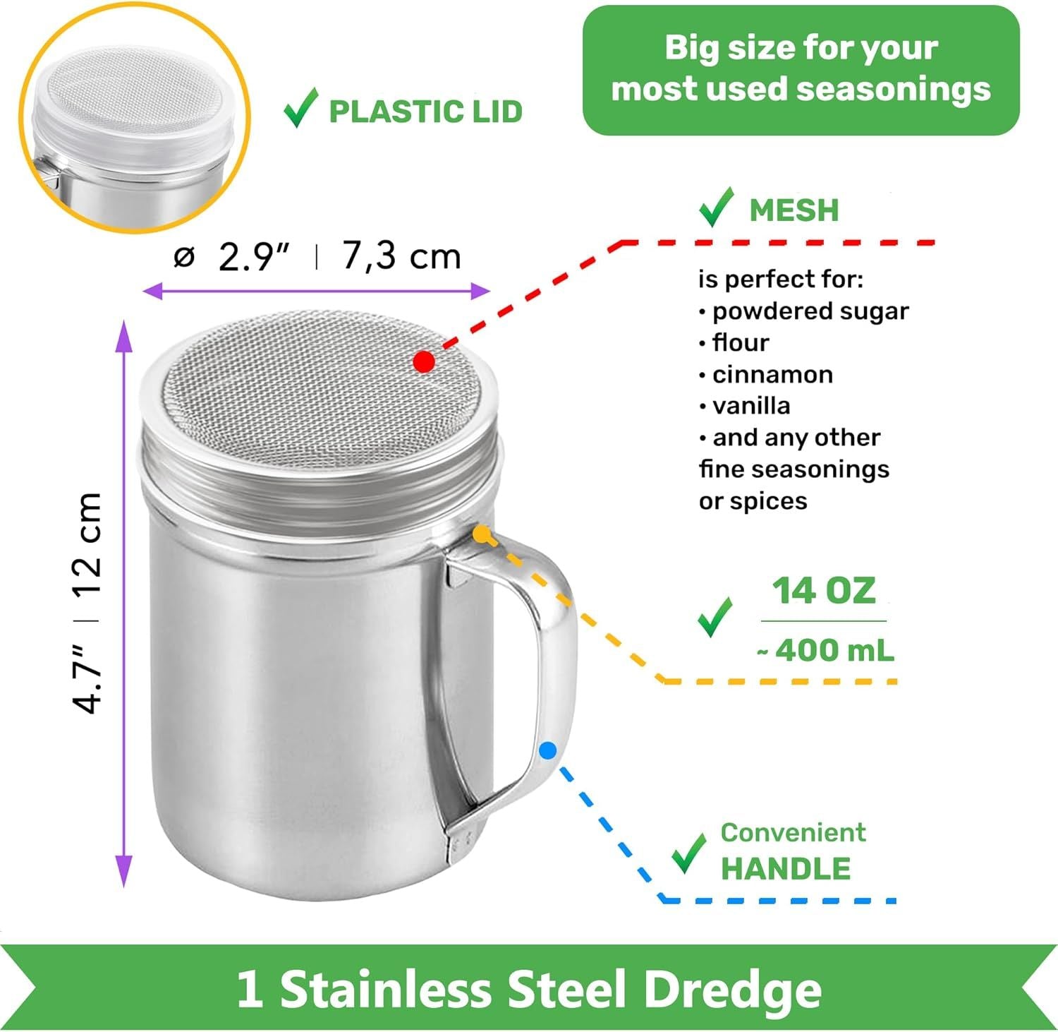 10oz, 10oz, 14oz Powdered Sugar Shakers + 2-pcs 10 oz Metal Parmesan Cheese Shakers Large Holes - All with Plastic Caps and Handles Bundle