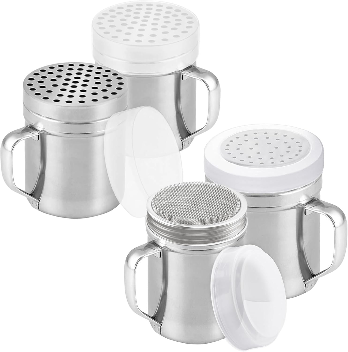 6 oz Powdered Sugar Shaker + 10 oz Salt Pepper Dredge + 2-pcs Metal Parmesan Cheese Shakers Large Holes - All with Plastic Caps and Handles Bundle