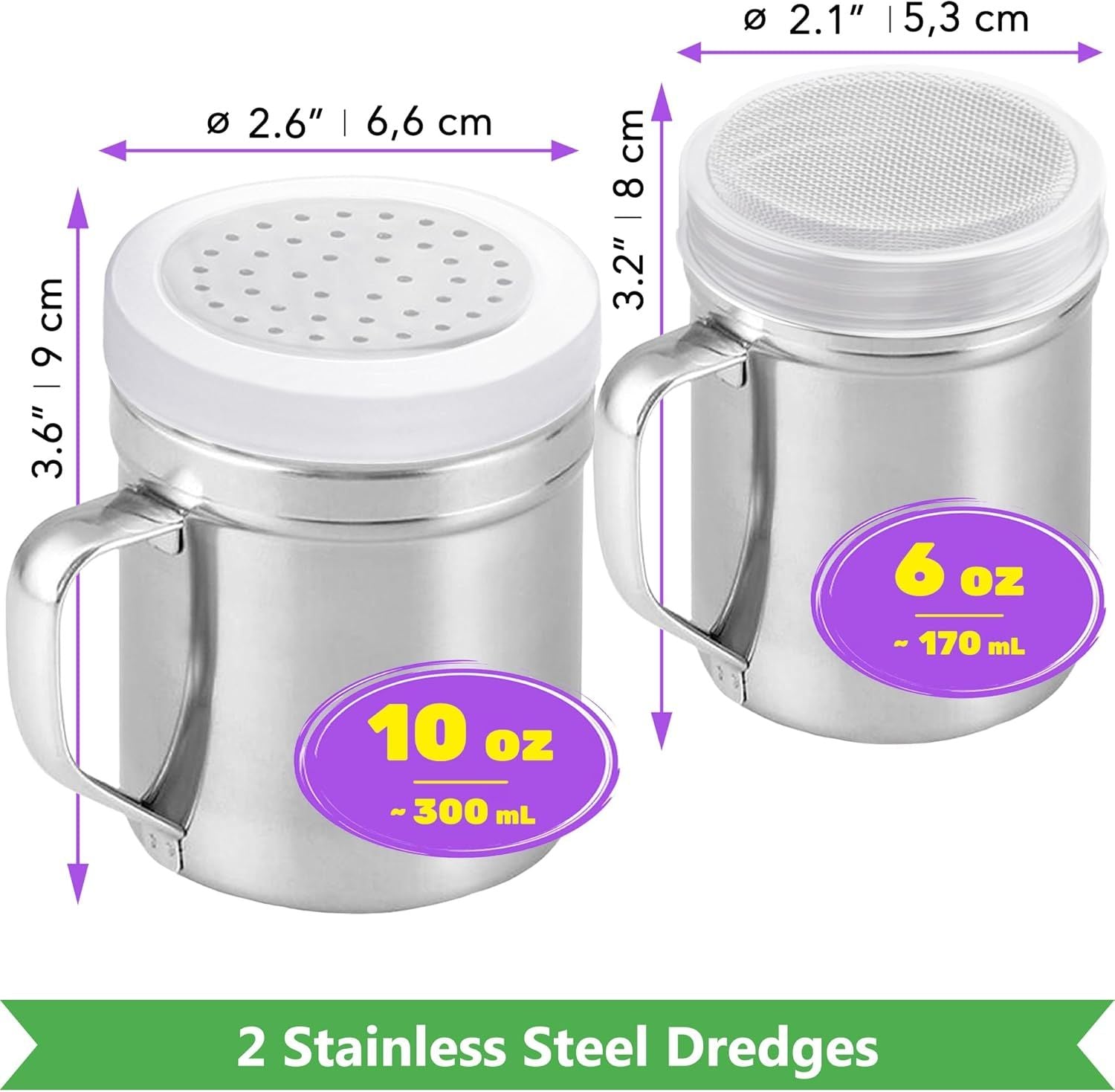 6 oz Powdered Sugar Shaker + 10 oz Salt Pepper Dredge + 2-pcs Metal Parmesan Cheese Shakers Large Holes - All with Plastic Caps and Handles Bundle