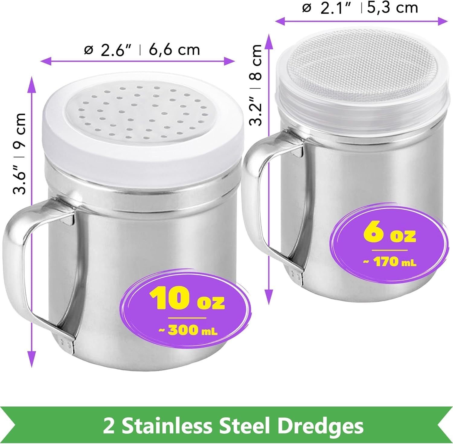 10-inch Stainless Steel 8+6-Piece Pie Slicers + 6 oz ine Mesh Shaker + 10 oz Medium Holes Dredge - with Handles and Plastic Caps Bundle