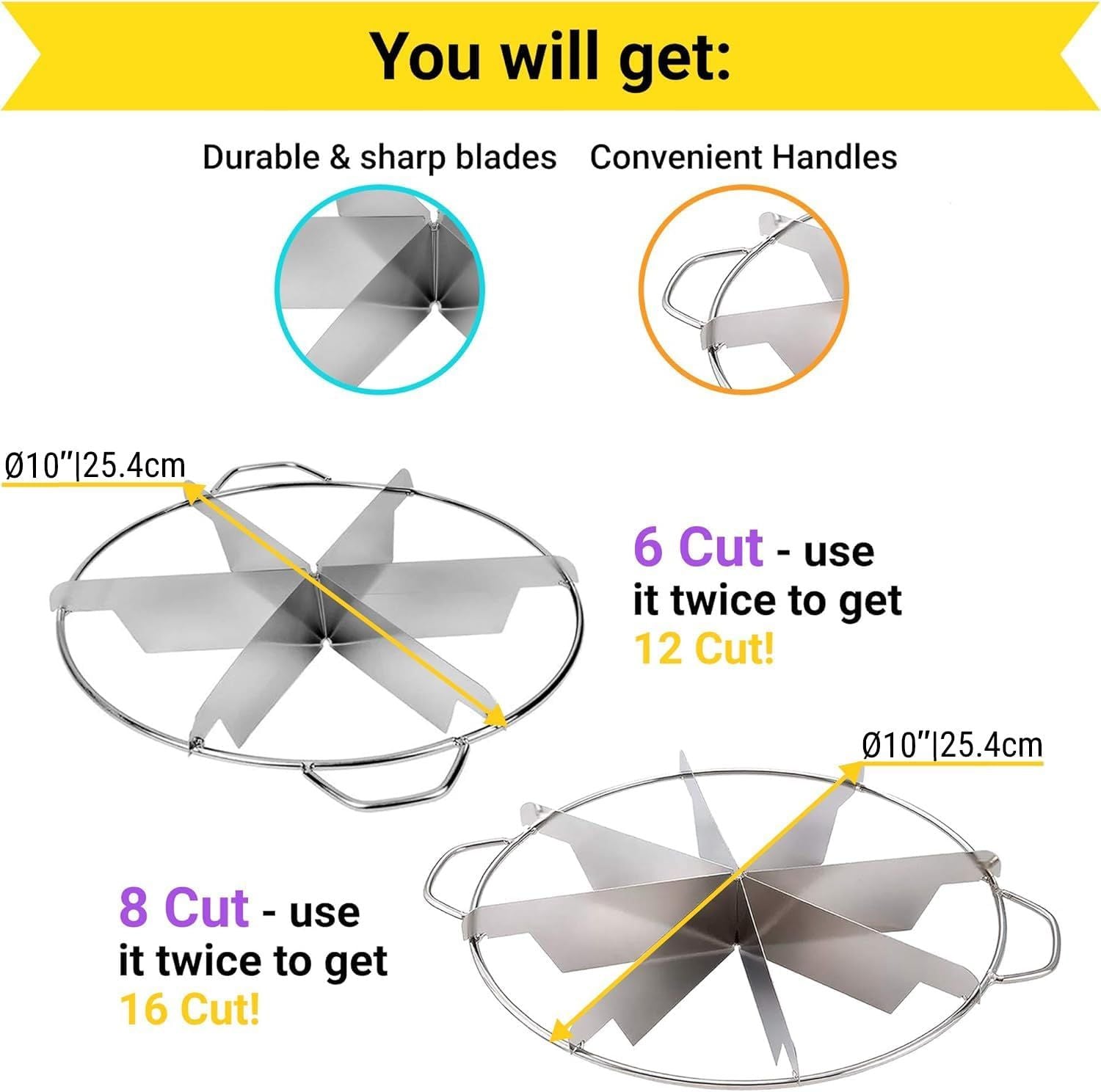 10-inch Stainless Steel 8+6-Piece Pie Slicers + 6 oz ine Mesh Shaker + 10 oz Medium Holes Dredge - with Handles and Plastic Caps Bundle