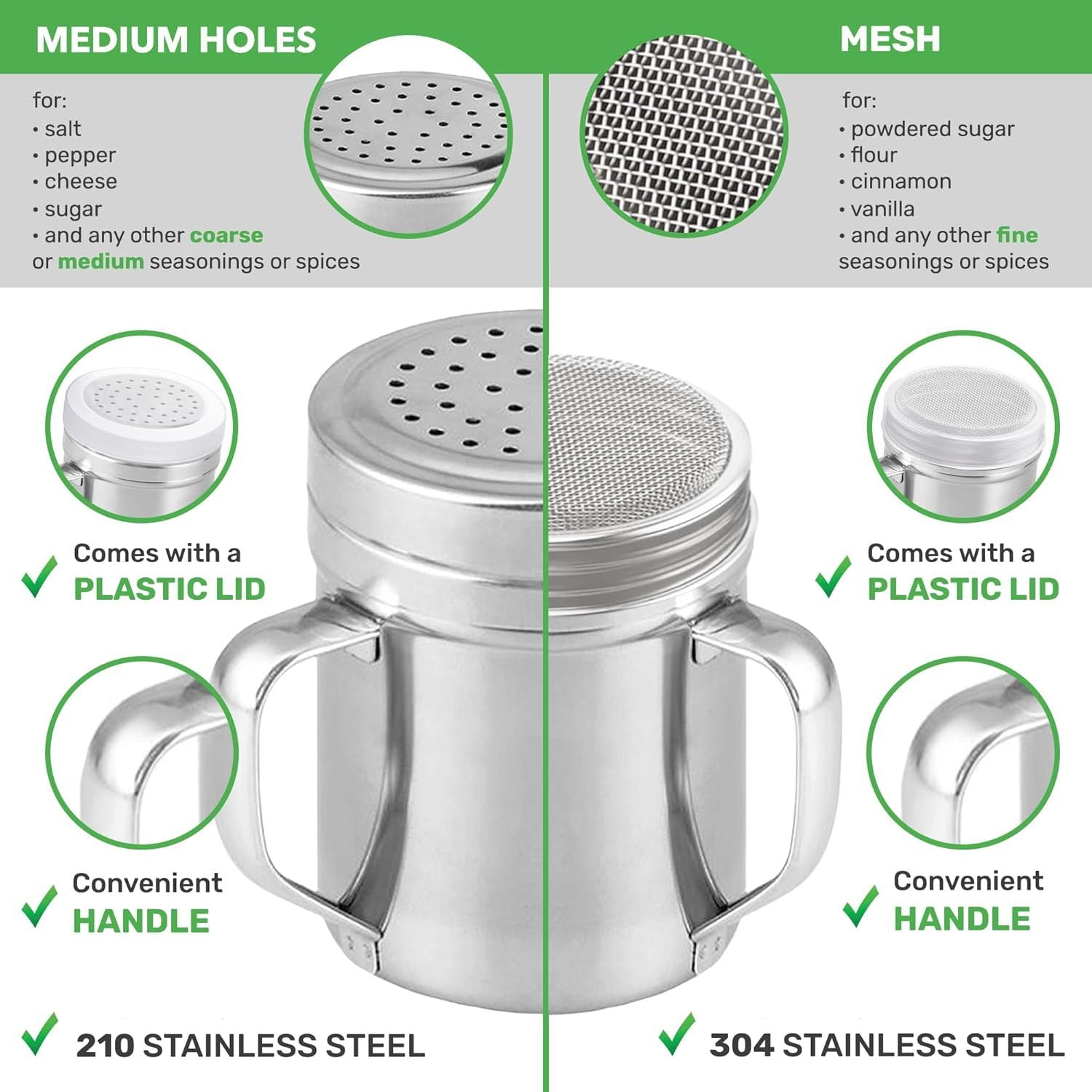 10-inch Stainless Steel 8+6-Piece Pie Slicers + 6 oz ine Mesh Shaker + 10 oz Medium Holes Dredge - with Handles and Plastic Caps Bundle