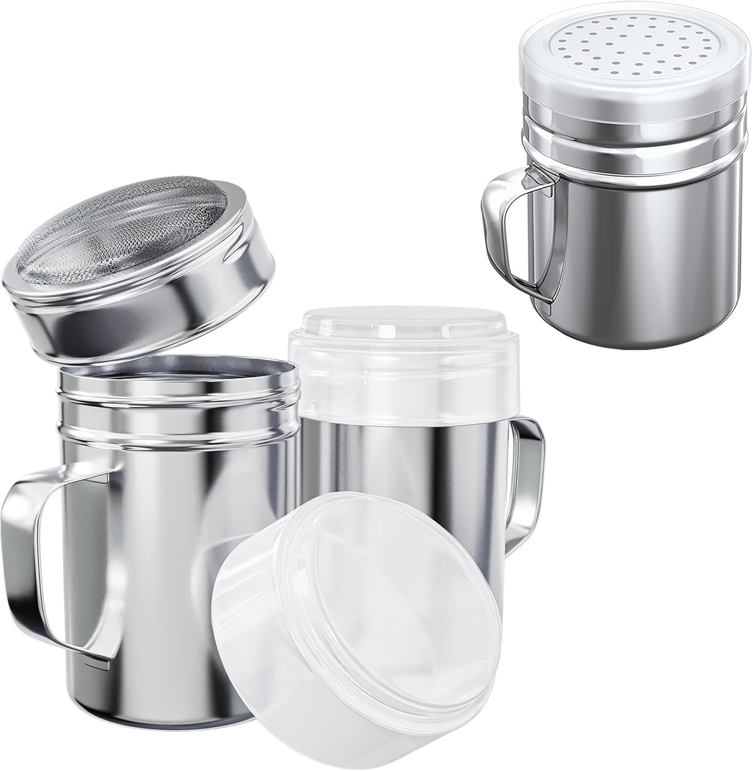 2-pcs 14 oz Powdered Sugar Shakers + 1-pc 10 oz Stainless Steel Salt Pepper Dredge Shaker - All with Plastic Caps and Handles Bundle