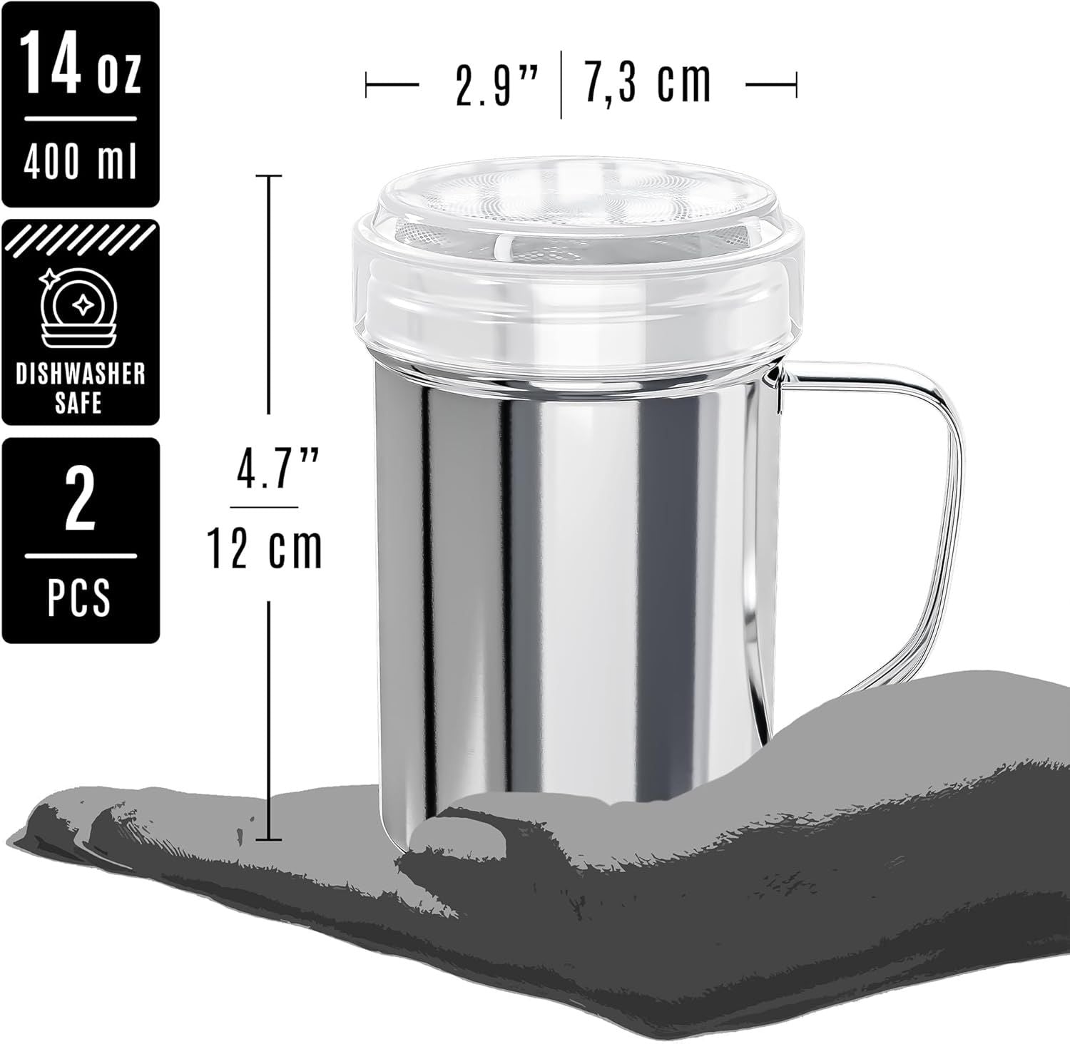 2-pcs 14 oz Powdered Sugar Shakers + 1-pc 10 oz Stainless Steel Salt Pepper Dredge Shaker - All with Plastic Caps and Handles Bundle