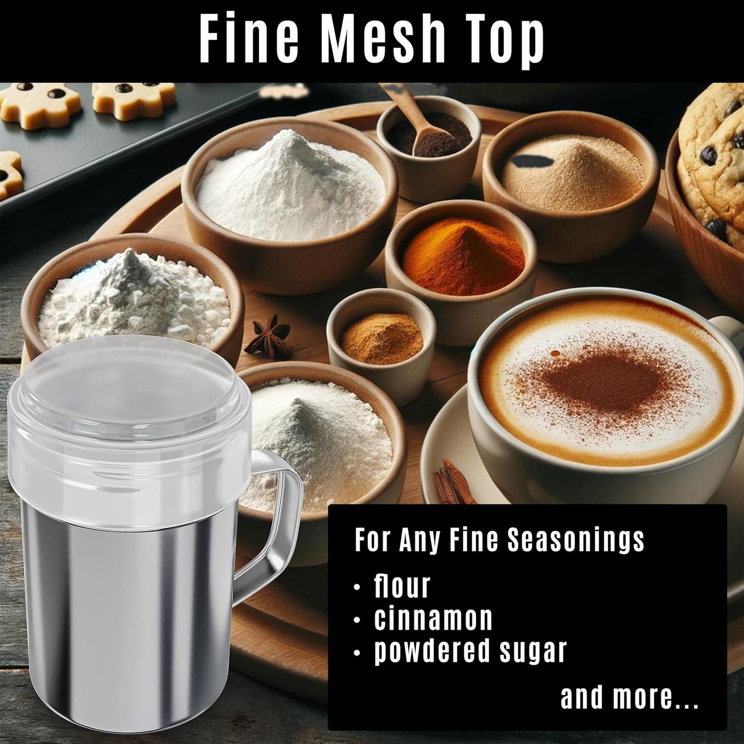 2-pcs 14 oz Powdered Sugar Shakers + 1-pc 10 oz Stainless Steel Salt Pepper Dredge Shaker - All with Plastic Caps and Handles Bundle