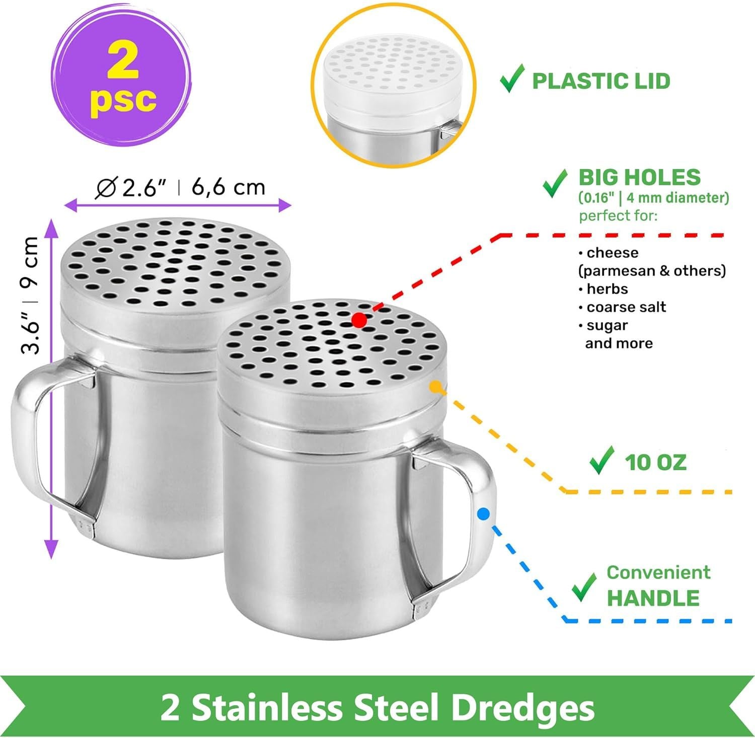 10oz + 10oz + 14oz Large Holes Stainless Steel Dredges + 1-pc 10 oz Stainless Steel Salt Pepper Dredge Shaker - All with Plastic Caps and Handles Bundle