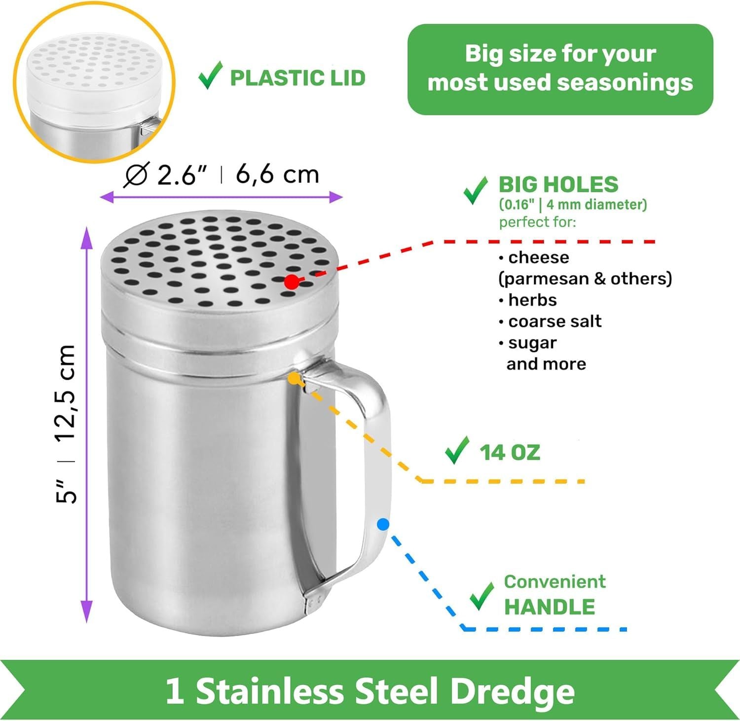 10oz + 10oz + 14oz Large Holes Stainless Steel Dredges + 1-pc 10 oz Stainless Steel Salt Pepper Dredge Shaker - All with Plastic Caps and Handles Bundle