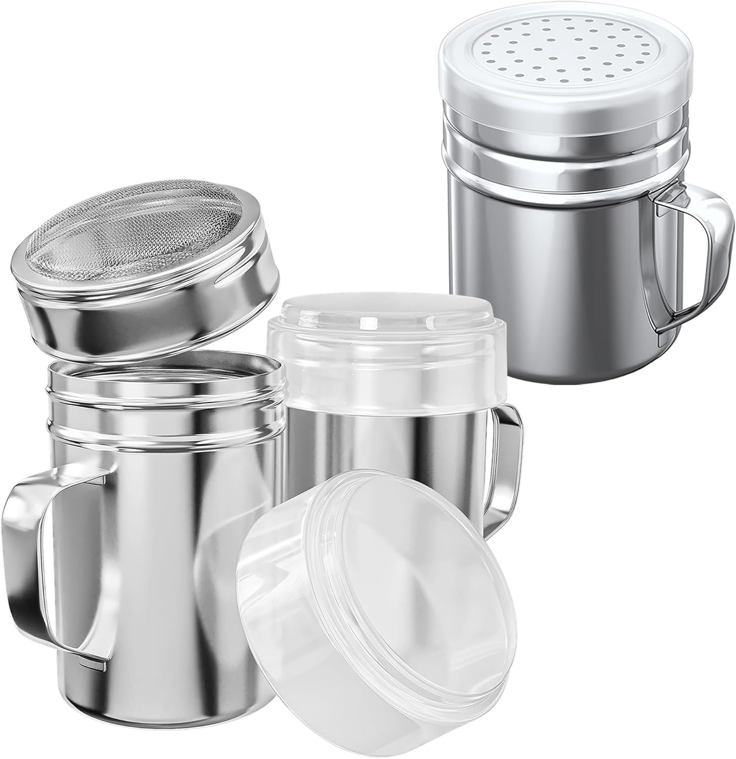 2-pcs 10 oz Powdered Sugar Shakers + 1-pc 10 oz Stainless Steel Salt Pepper Dredge Shaker - All with Plastic Caps and Handles Bundle