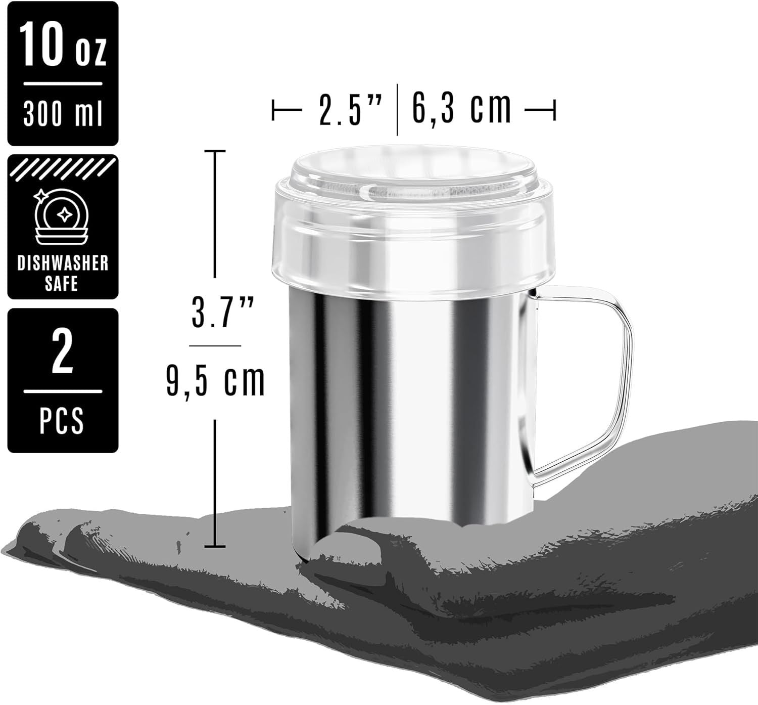 2-pcs 10 oz Powdered Sugar Shakers + 1-pc 10 oz Stainless Steel Salt Pepper Dredge Shaker - All with Plastic Caps and Handles Bundle
