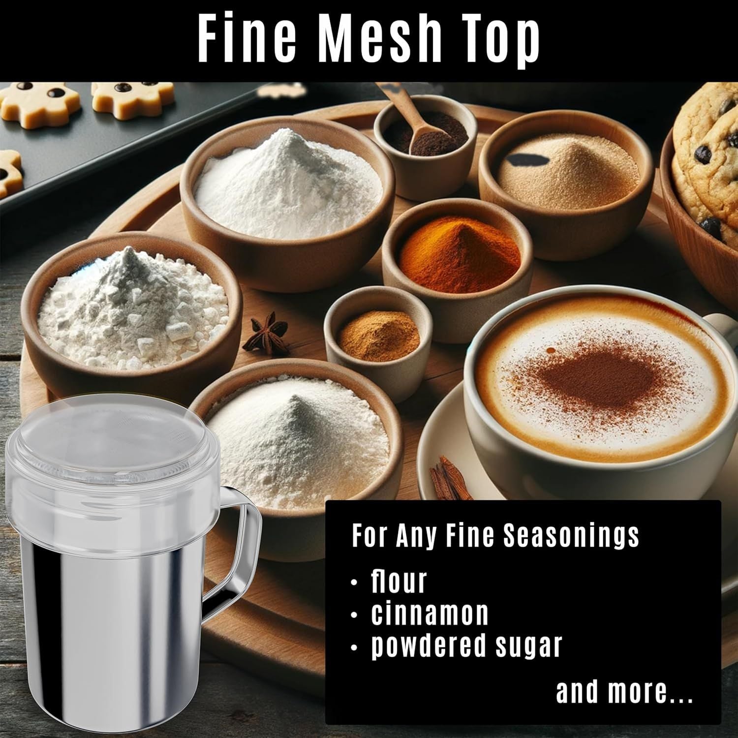 2-pcs 10 oz Powdered Sugar Shakers + 1-pc 10 oz Stainless Steel Salt Pepper Dredge Shaker - All with Plastic Caps and Handles Bundle
