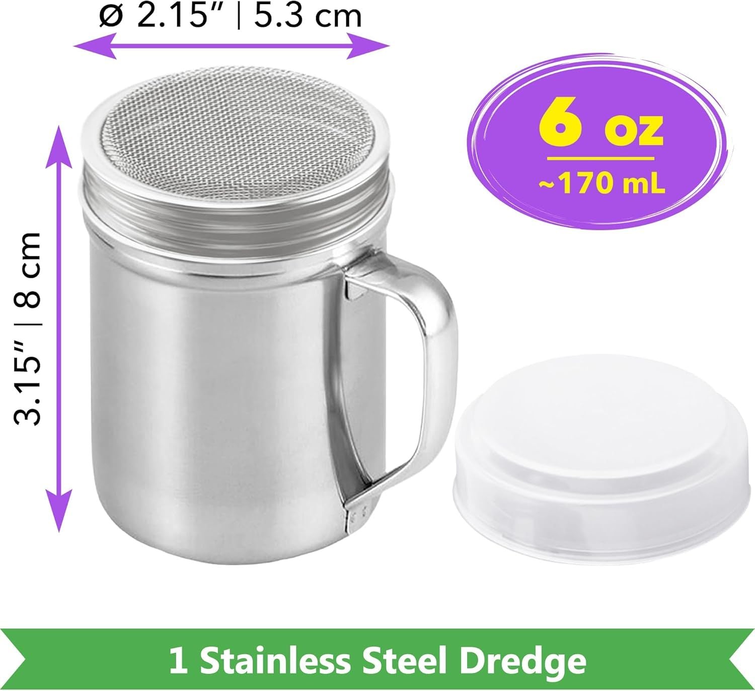 6 oz Powdered Sugar Shaker Duster + 6 oz Metal Parmesan Cheese Shaker Large Holes - All with Plastic Caps and Handles Bundle